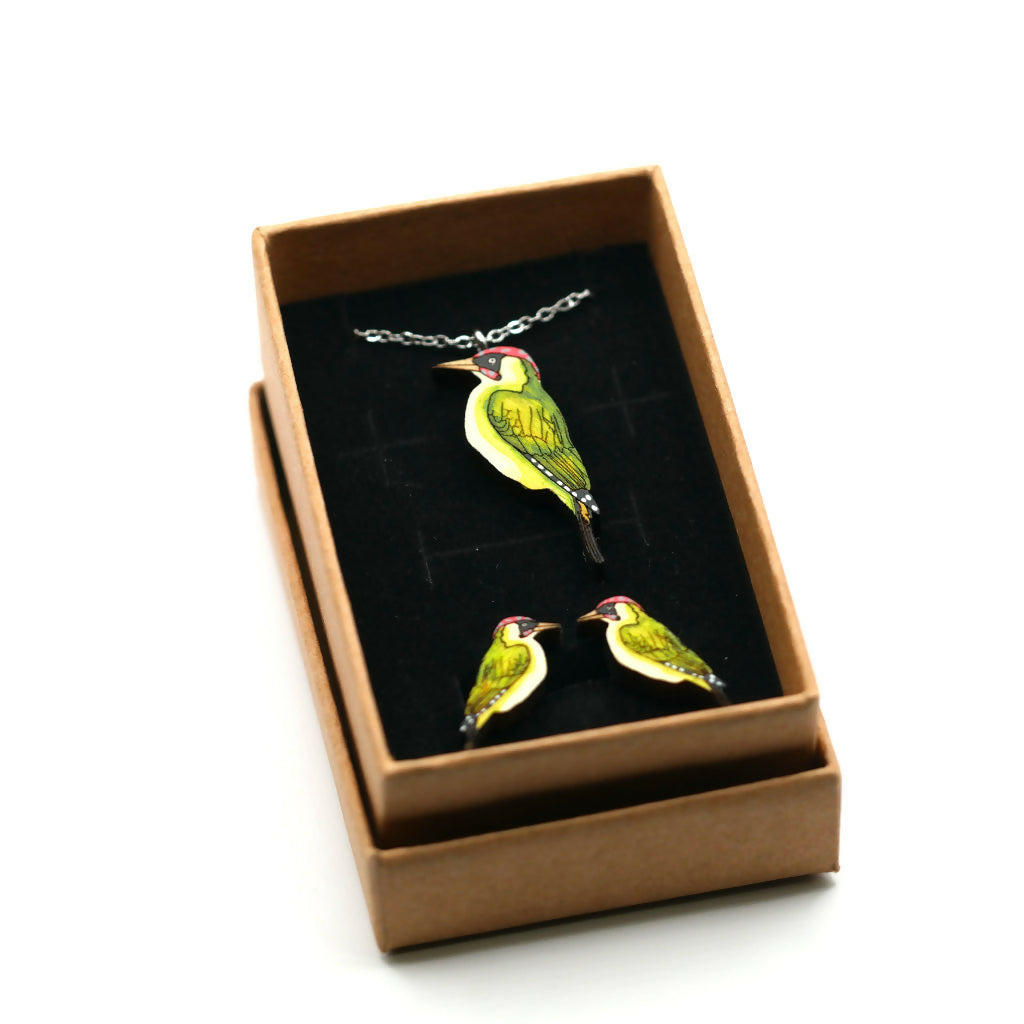 Green Woodpeckers Necklace and Stud Earrings Set