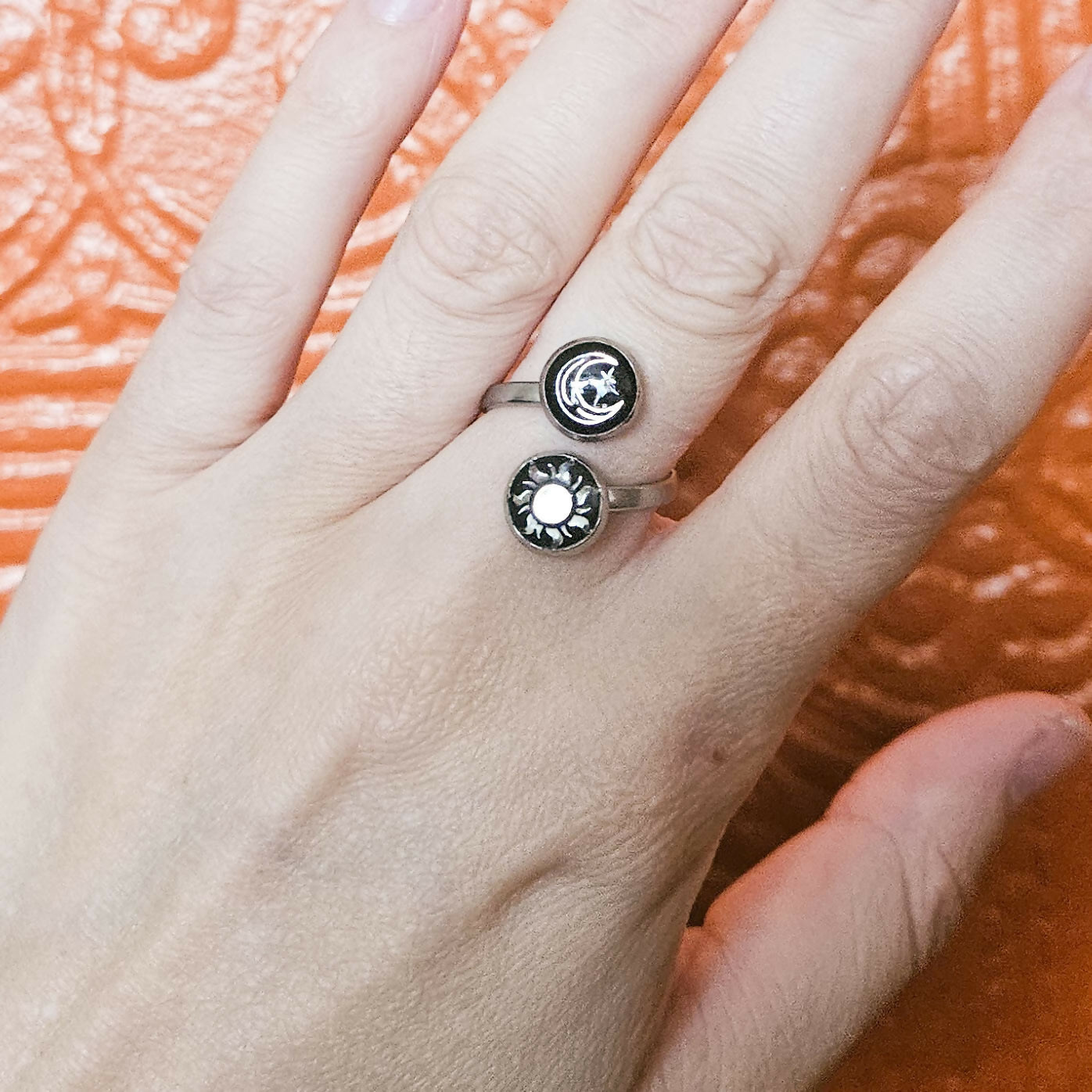 Handmade Black Silver Moon Stars Sun Resin And Stainless Steel Double Ring