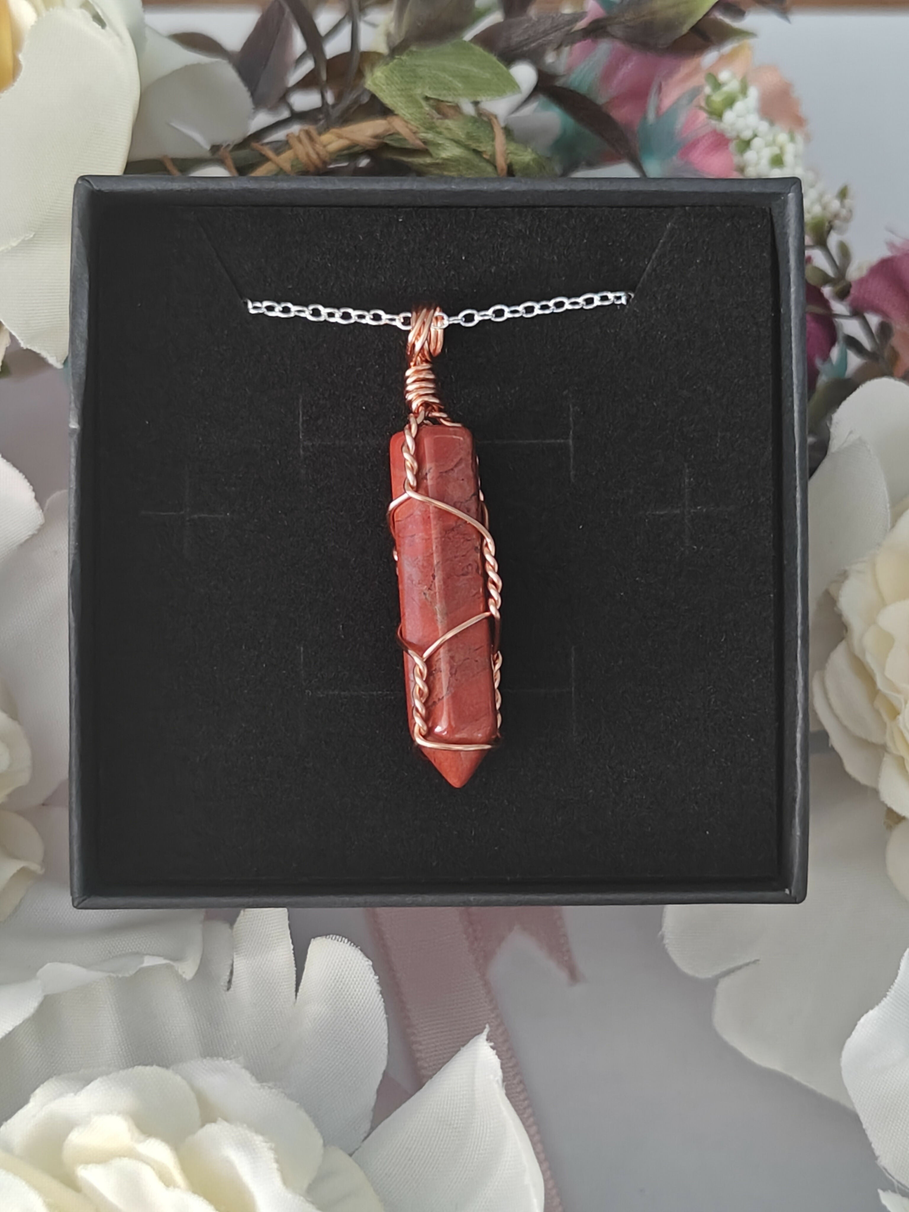 Red Jasper Wire Wrapped Crystal Point Necklace on Sterling Silver Chain