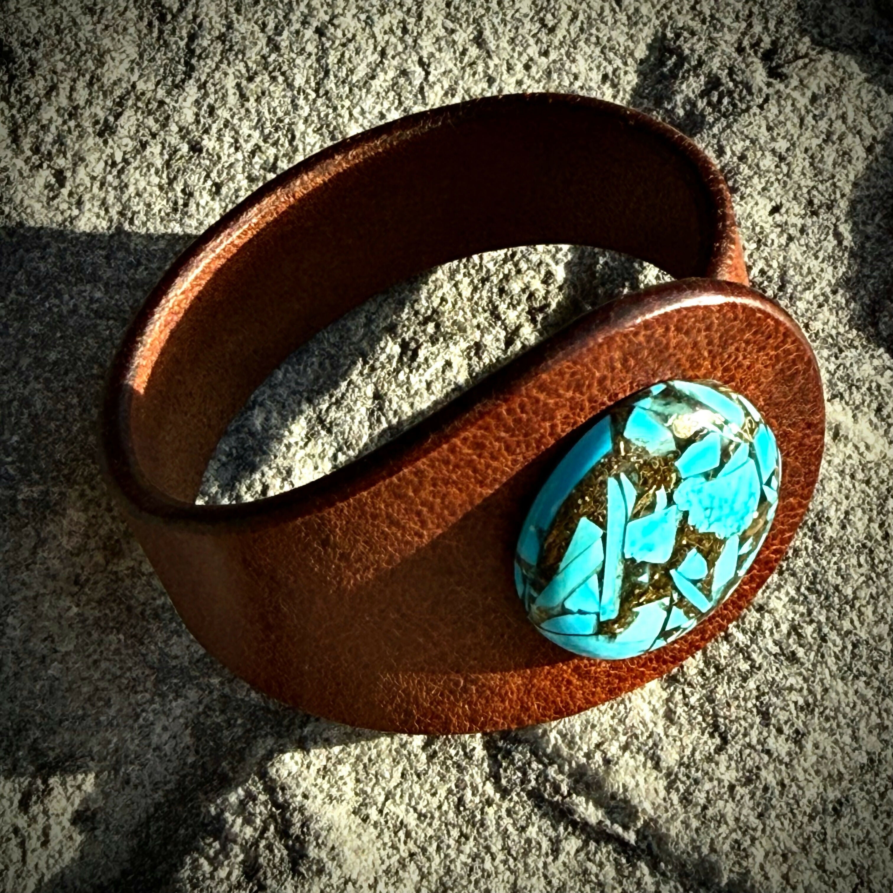 Handcrafted Natural Leather & Mohave Turquoise Gemstone Bracelet - Size S or M