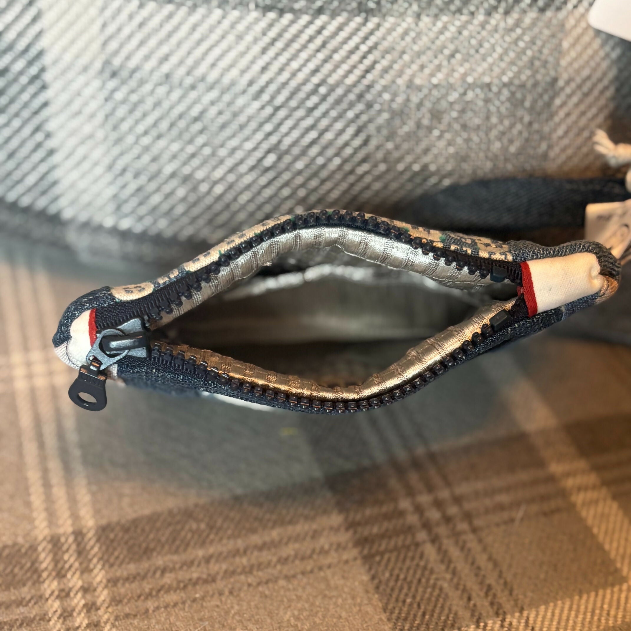 Unique Handcrafted Patchwork Purse Wristie Made From Upcycled Jeans And Dog Print Fabric