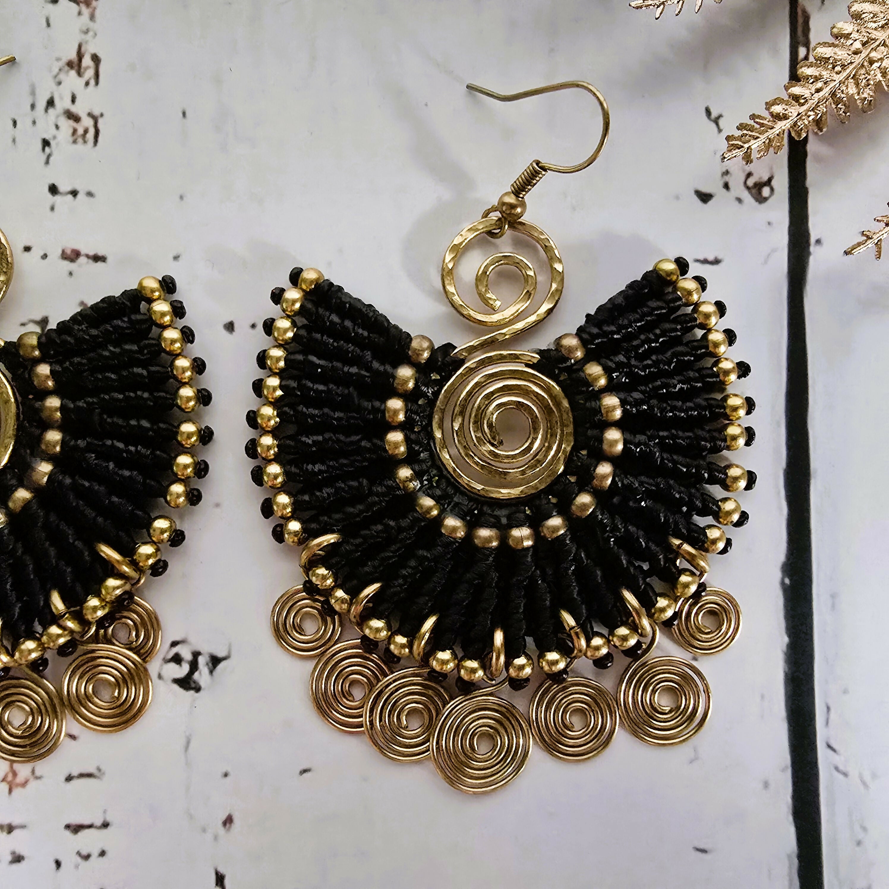 Egyptian Queen Earrings; Large Statement Black Macrame Gold Spirals Earrings