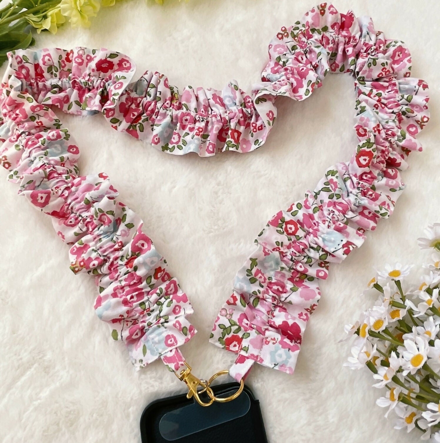 Handmade Ruffled Crossbody Phone Holder Pink Ditsy