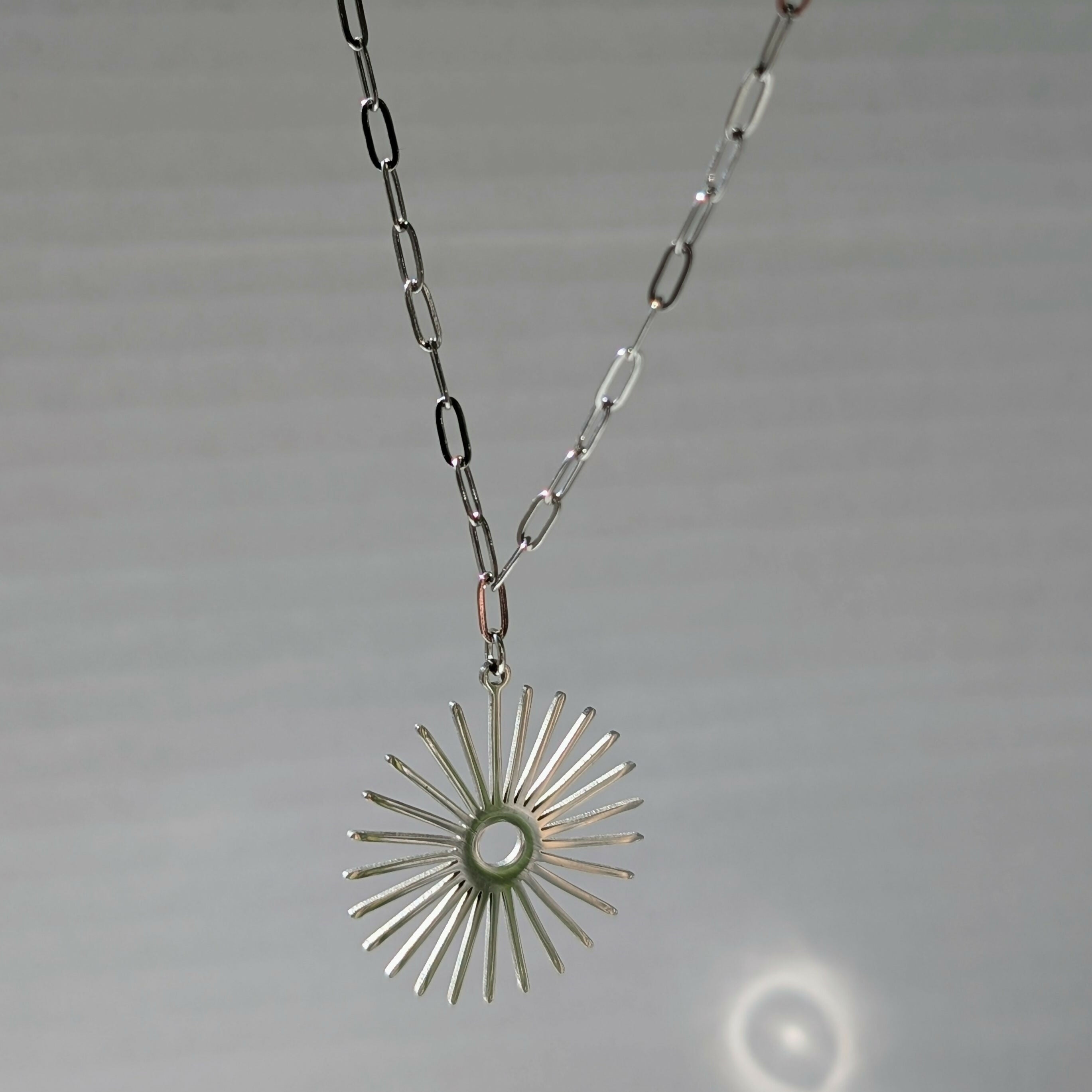 Silver Sunburst Necklace on Paperclip Chain