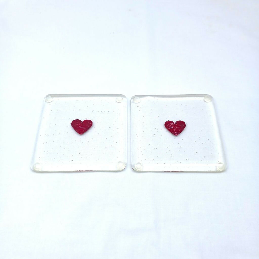Set Of 2 Fused Glass Heart Coasters
