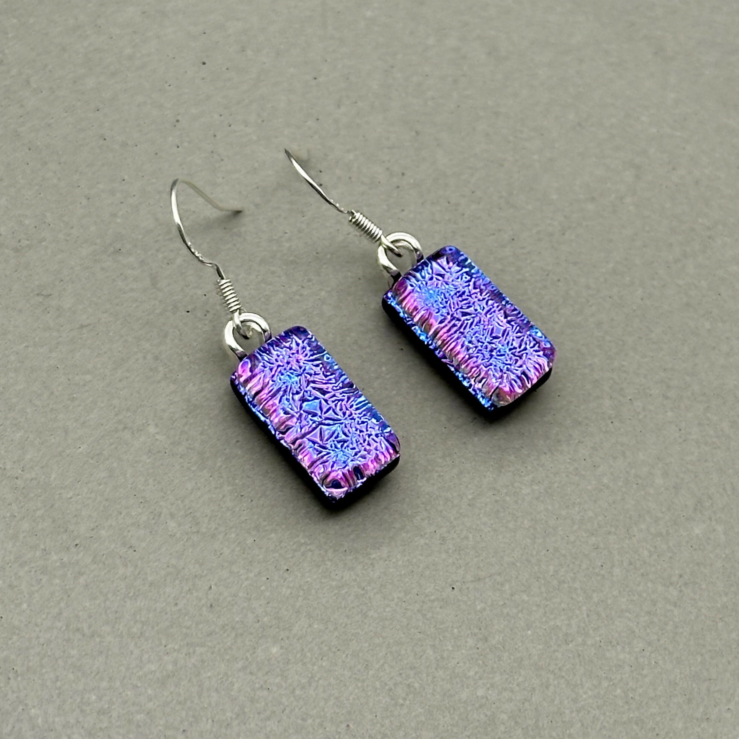 Purple & Pink Crackle Dichroic Fused Glass Dangle Sterling Silver Earrings - Handmade by Jade Tapson Glass.