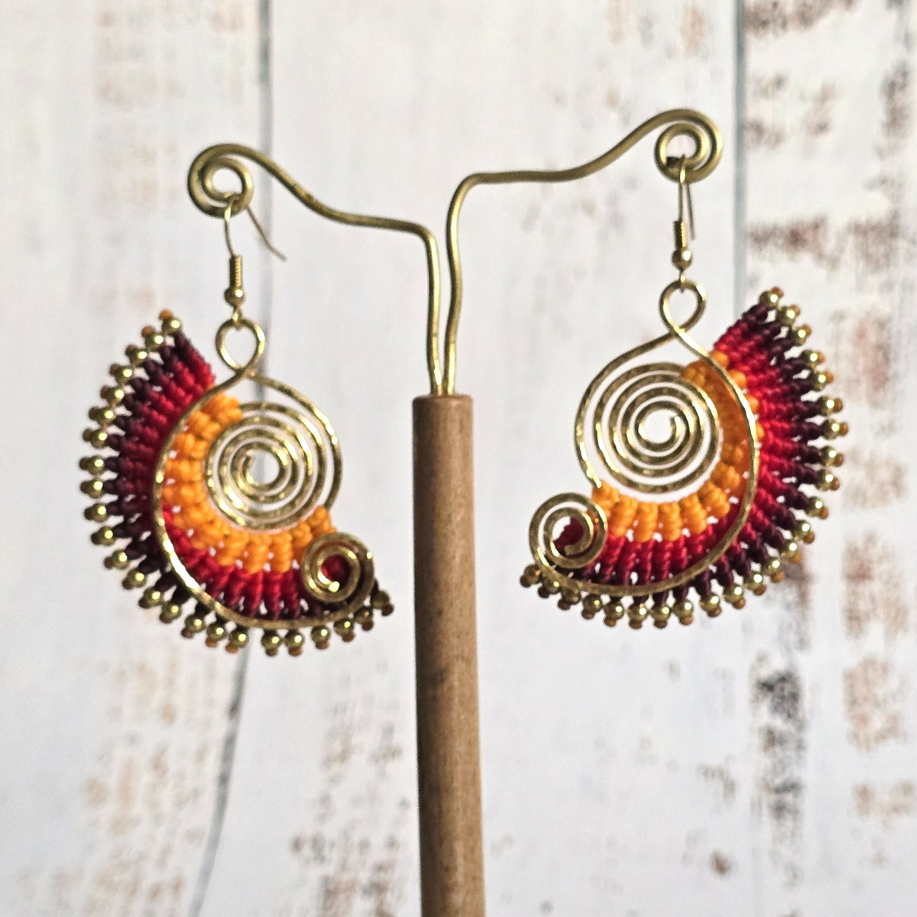 Sunset Macrame Earrings; Golden Spiral Knotted Cord Boho Red Orange Yellow Earrings