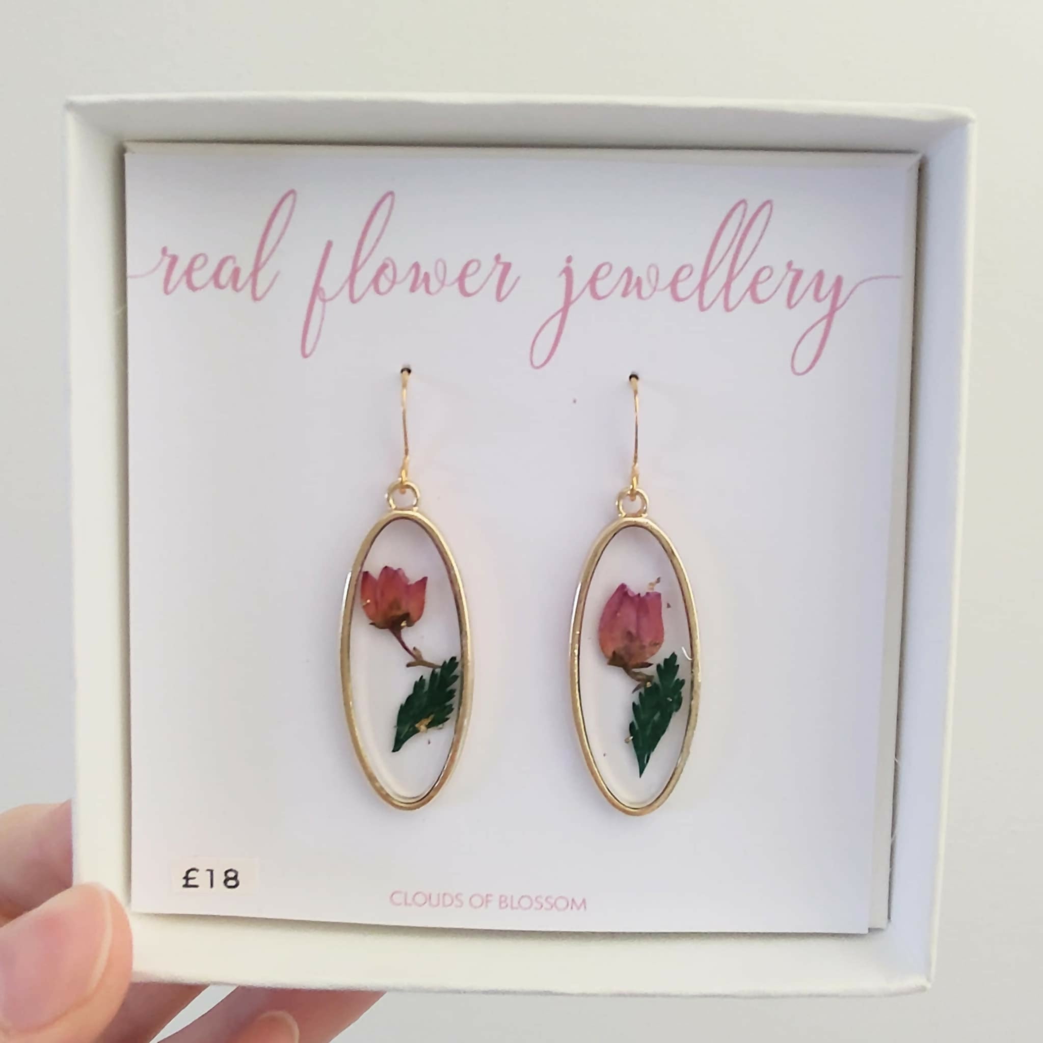 Pressed Real Rose Oval Earrings Gold Plated