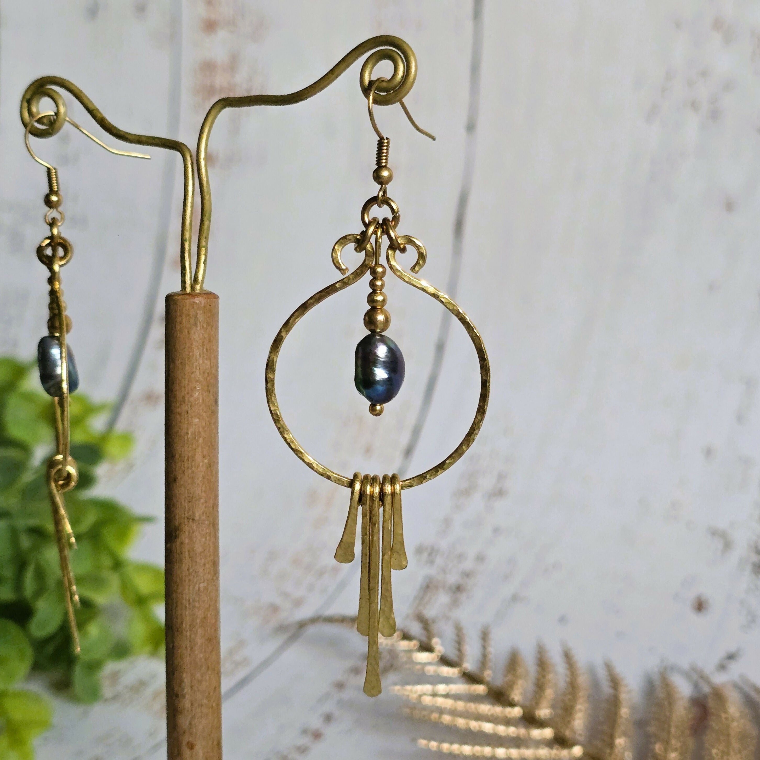 Black Pearl Gold Wire Earrings; Freshwater Baroque Natural Pearl Hammered Brass wire Hoop Dangly Earrings