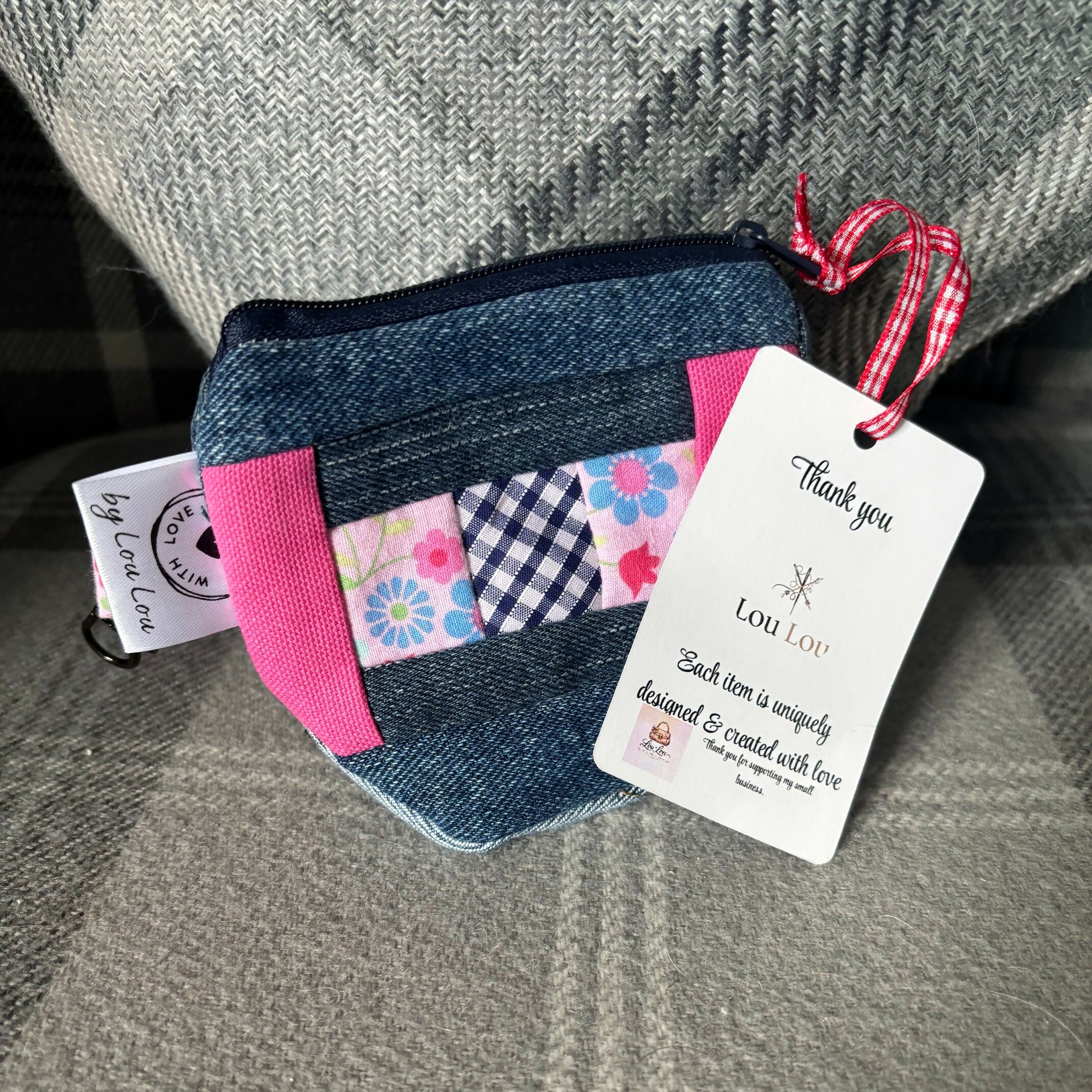 Handcrafted Mini Patchwork Lined Purse Made From Upcycled Jeans With Key Ring/Clip