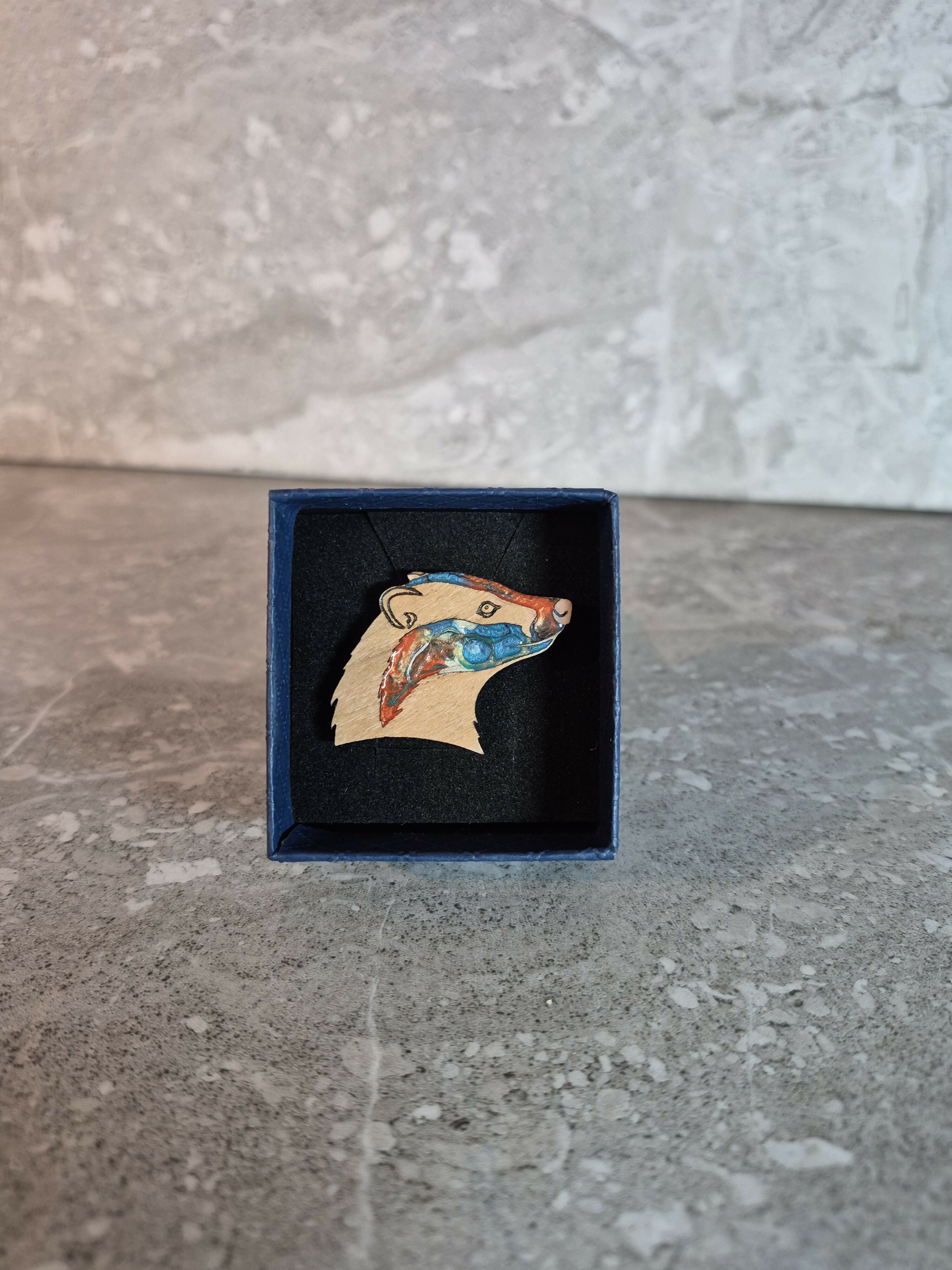 Handcrafted Cherry Veneer Badger Head Pin