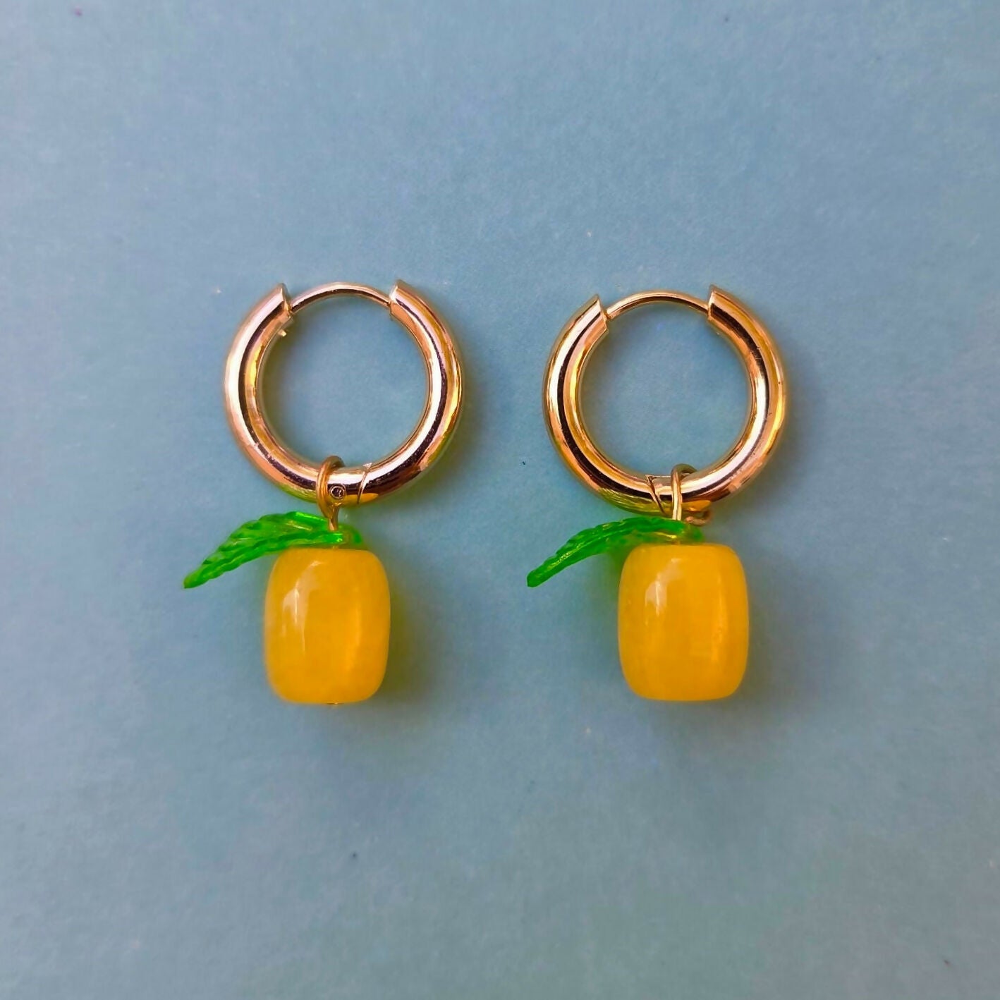Lemon Beaded Fruit Gold Huggie Hoop Earrings