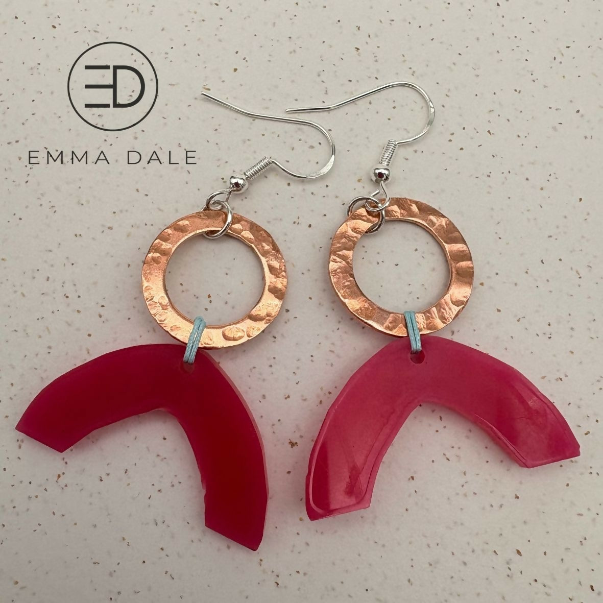Hand Hammered Copper & Pink Acrylic Arch Earrings