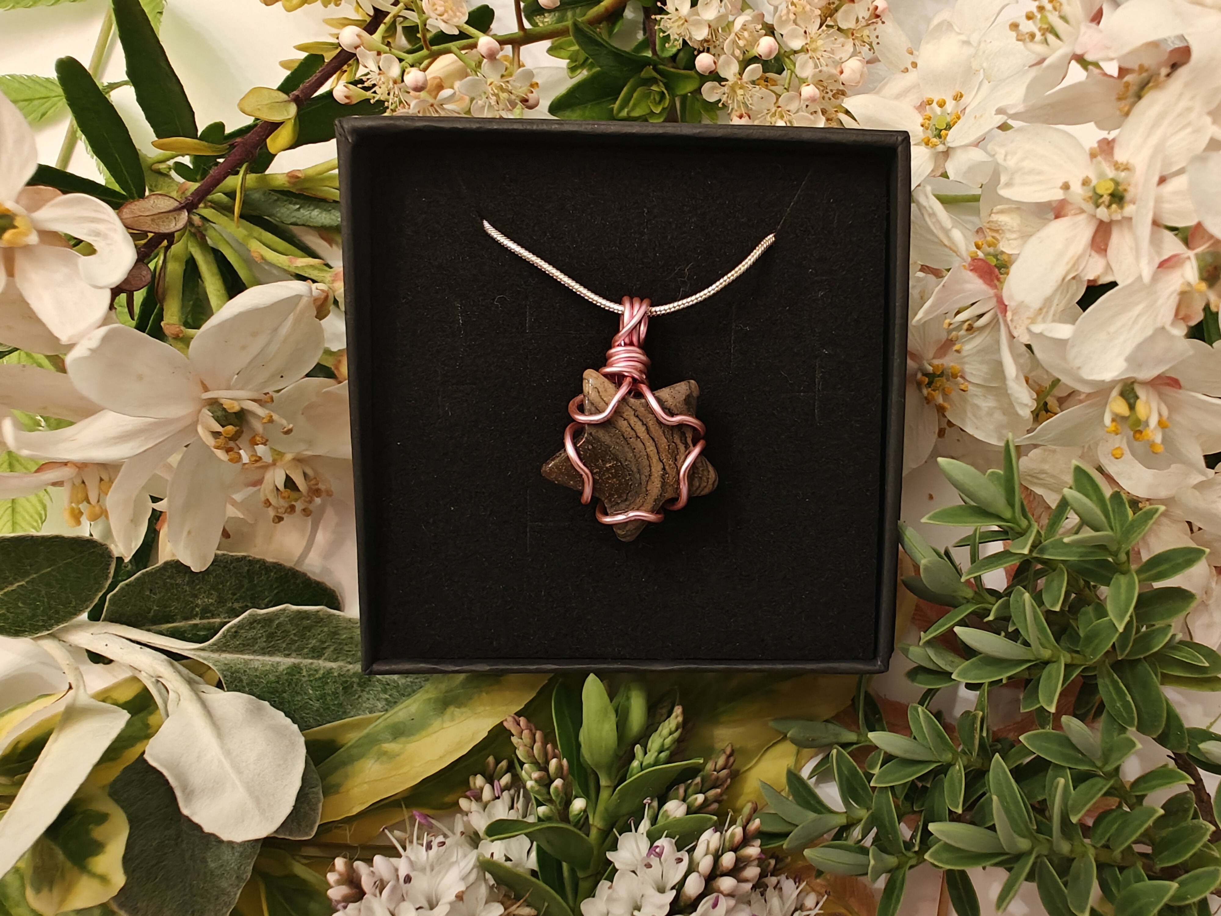 Picture Jasper Wire Wrapped Crystal Necklace on Sterling Silver Chain