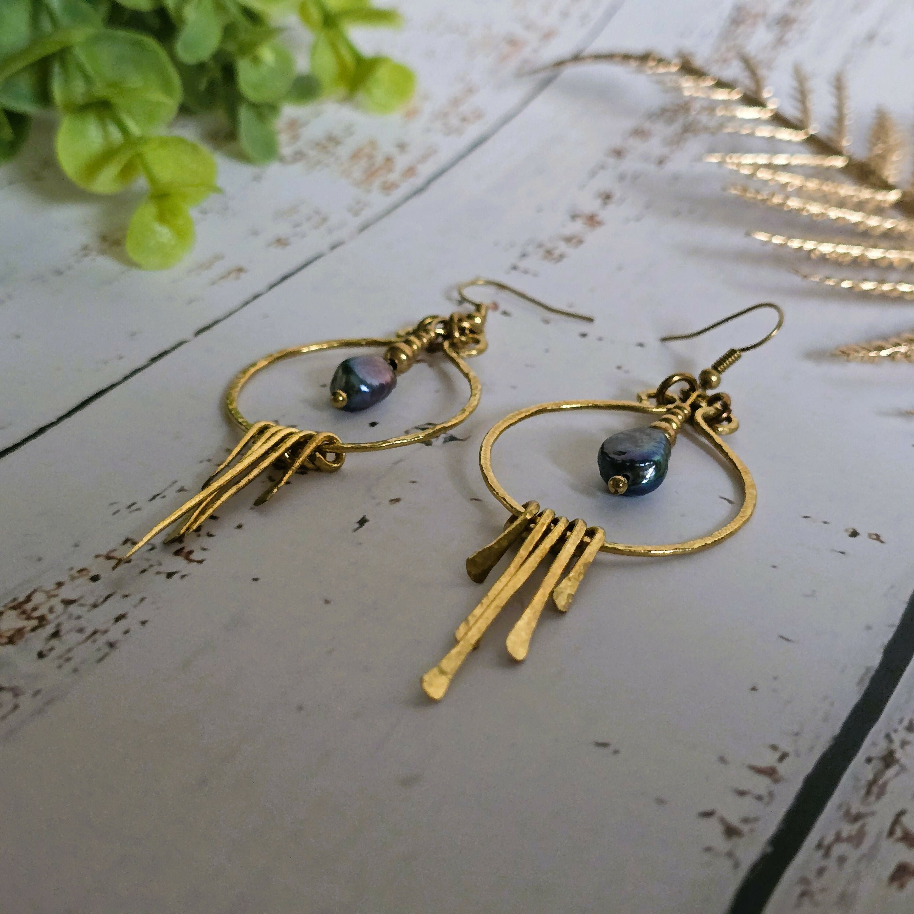 Black Pearl Gold Wire Earrings; Freshwater Baroque Natural Pearl Hammered Brass wire Hoop Dangly Earrings