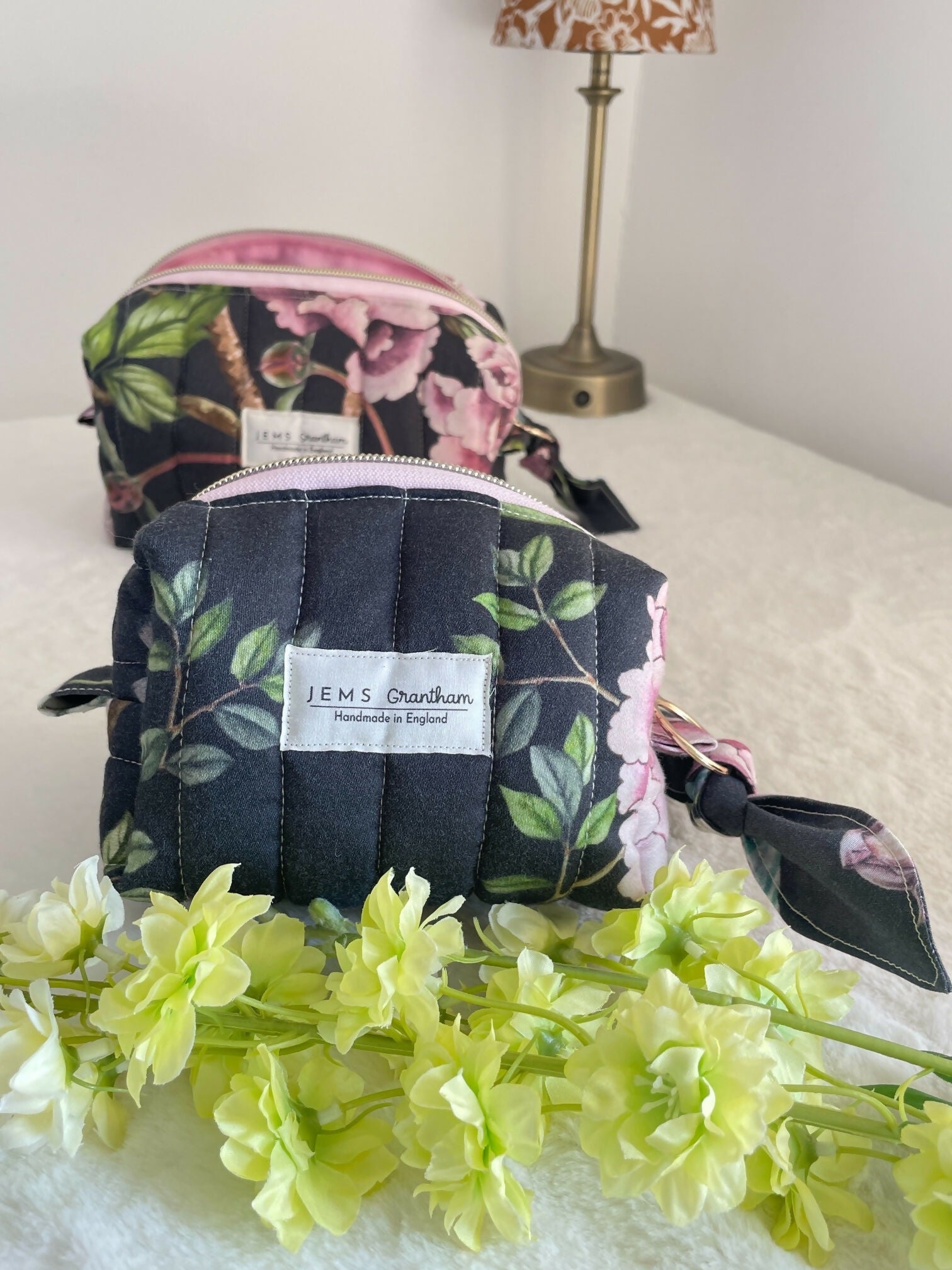 Black Quilted Toiletry Bag with Zipper Handmade in UK