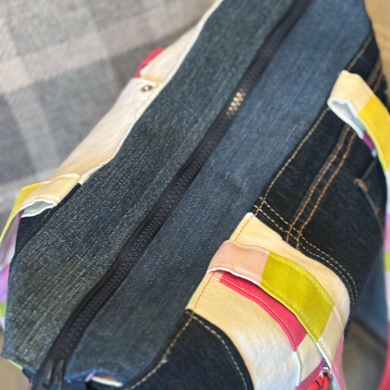 Unique Handcrafted Large Denim Tote Bag Handbag Made From Upcycled Blue And White Jeans
