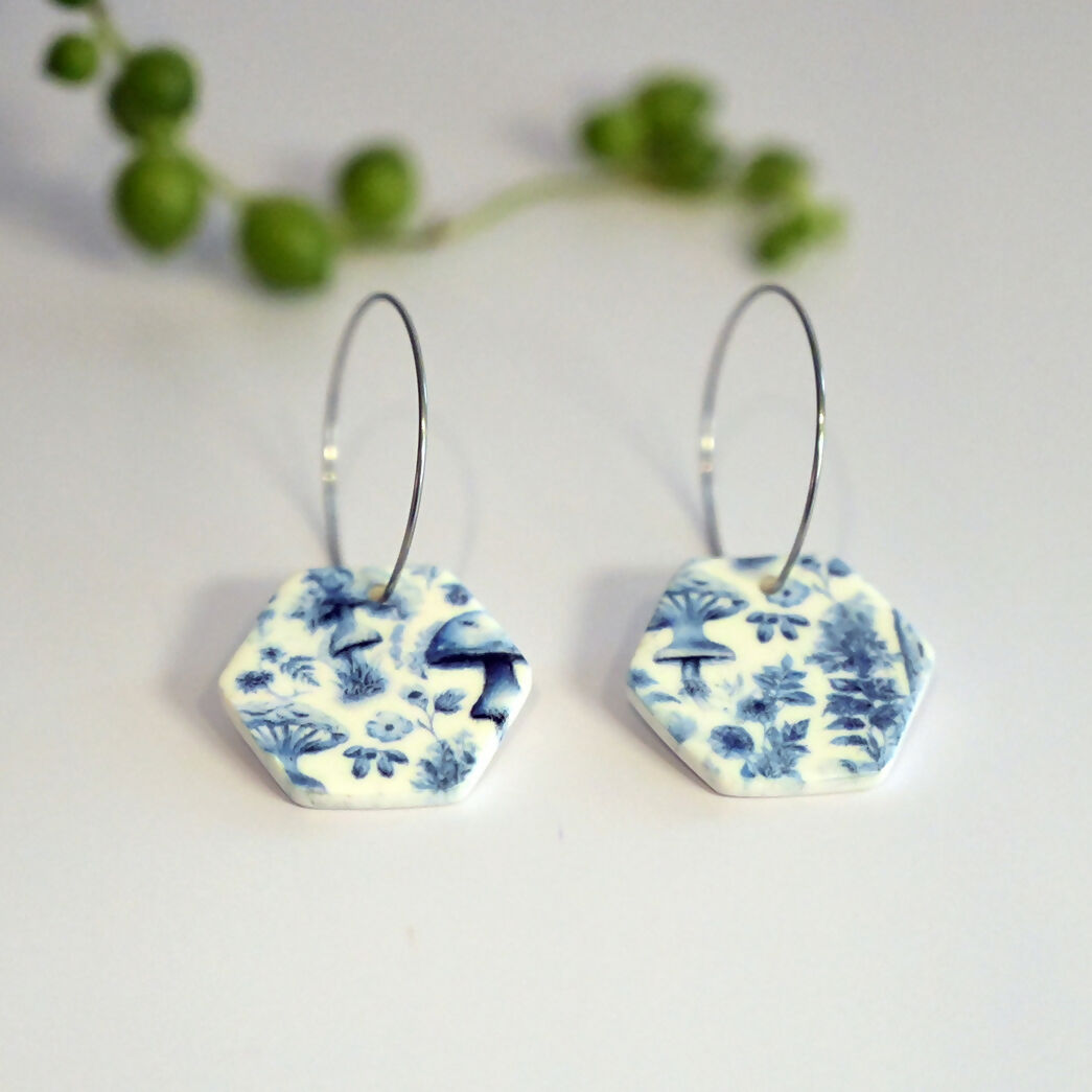 Blue Mushroom Print Hoop Earrings - Handmade Polymer Clay - Polly Plant