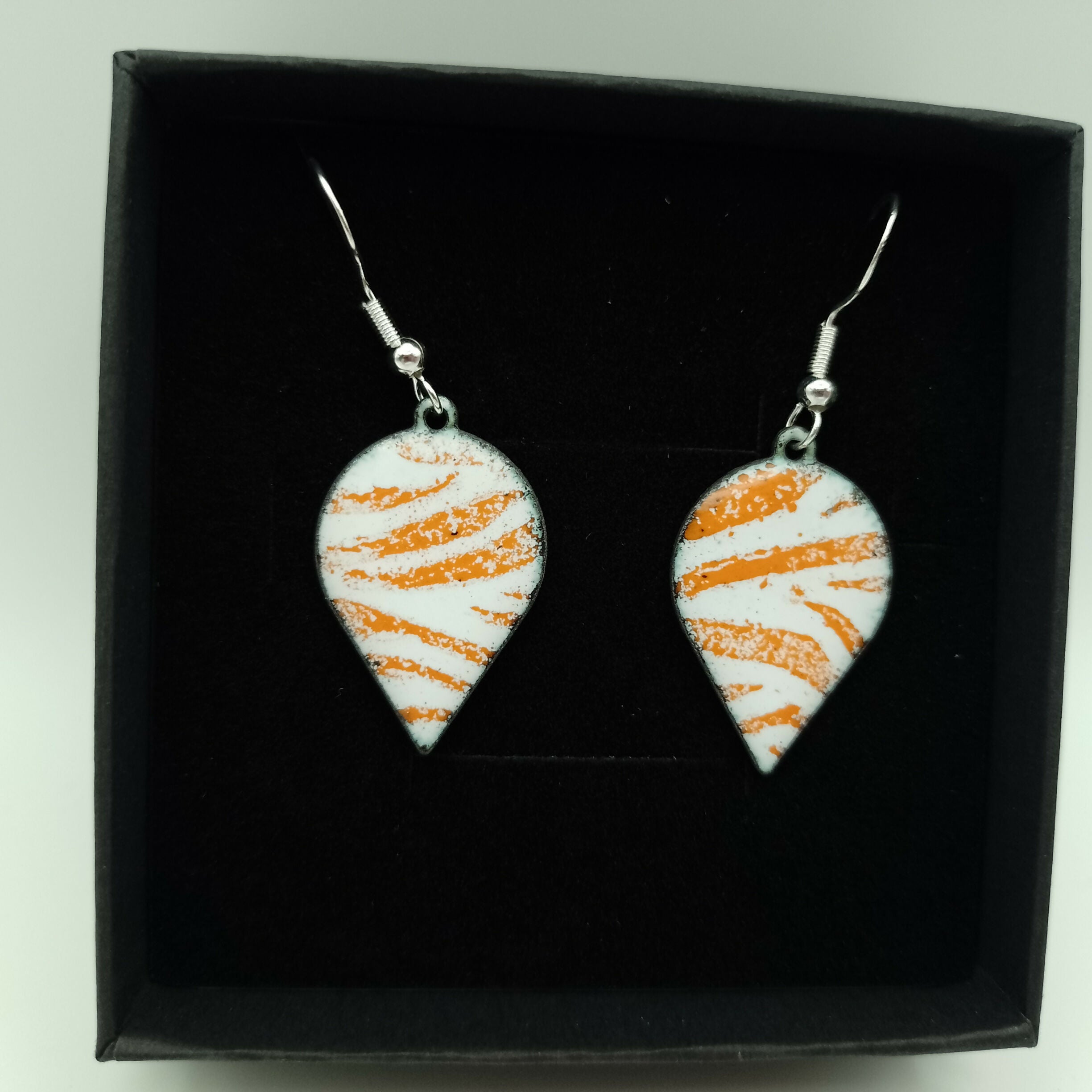 White Enamel Teardrop Earrings with Tangerine Orange Stripes