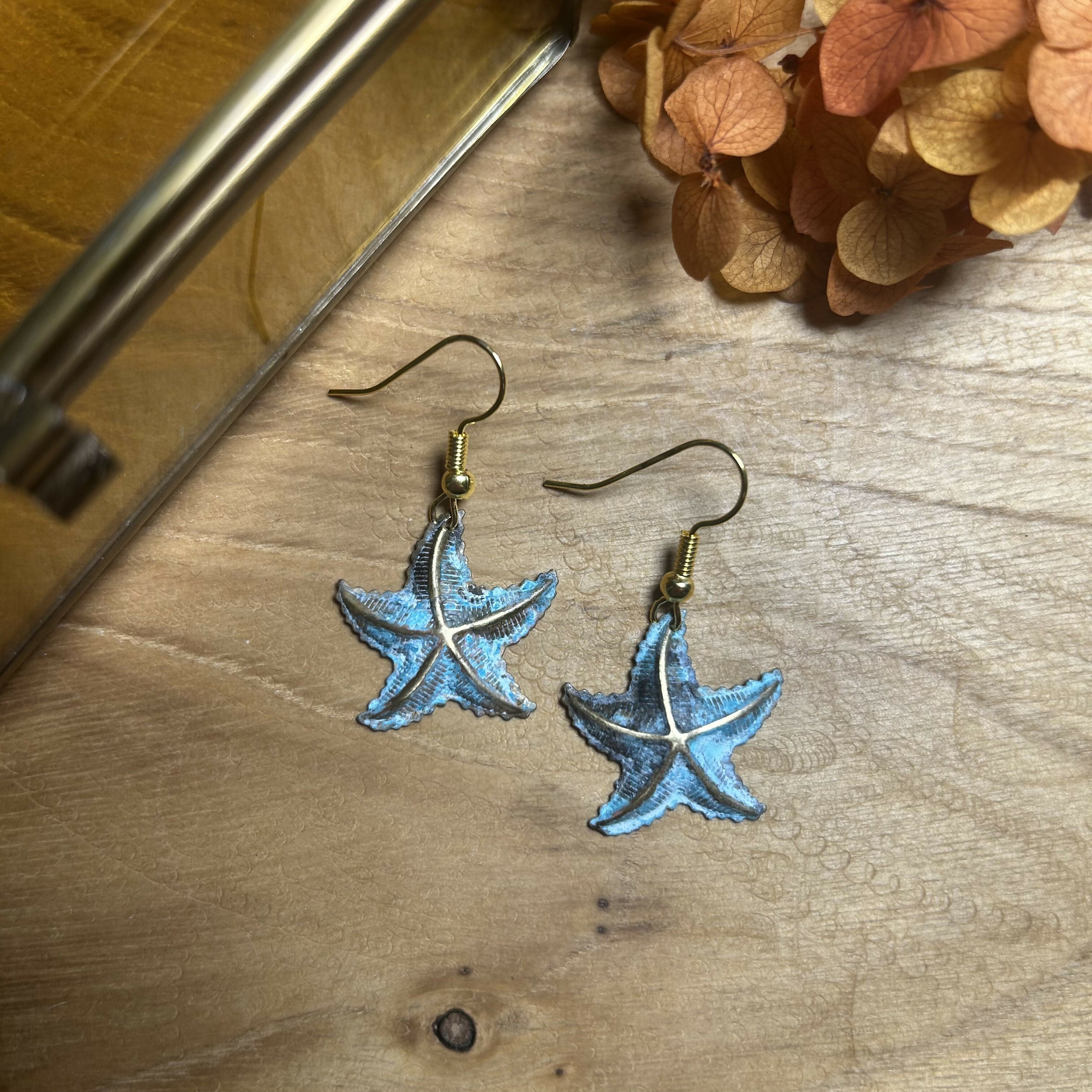 Stunning Brass Turquoise Patina Starfish Earrings