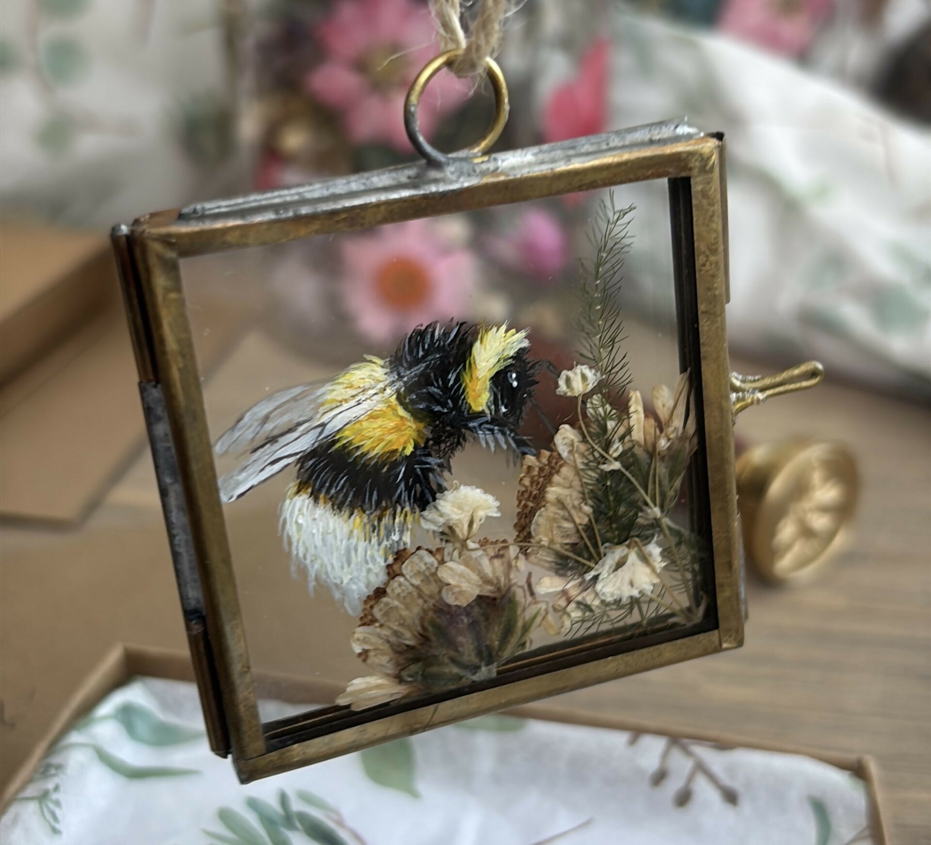 Original Bee Painting 'Golden Harvest' Glass Hanging