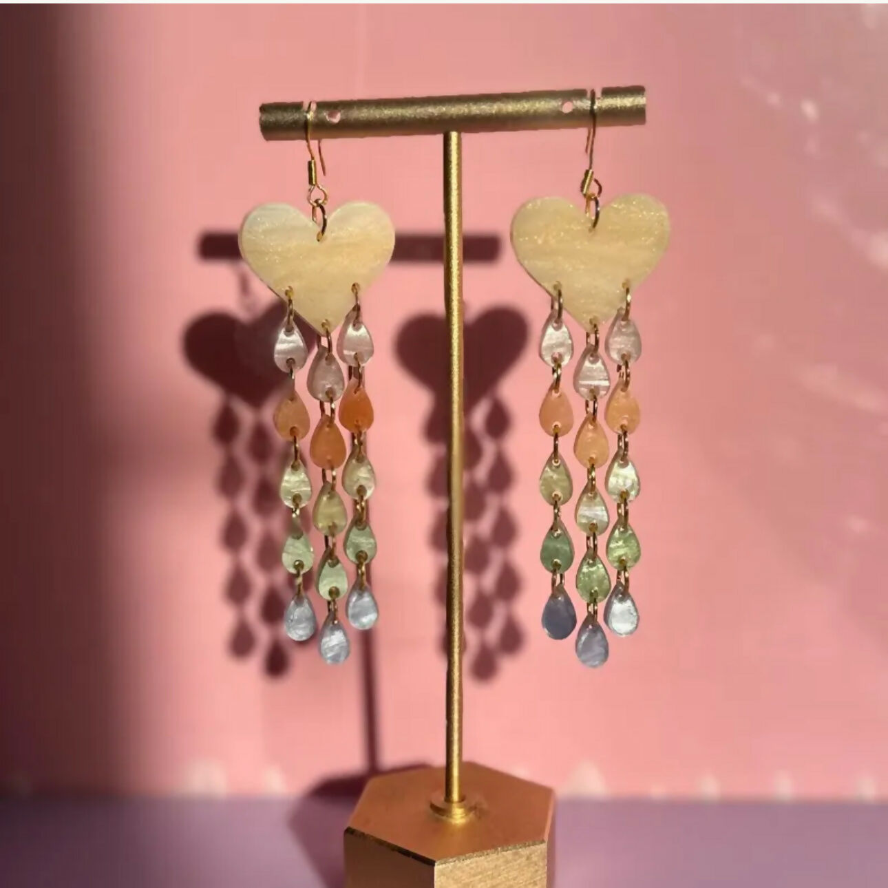 Dangly, Pastel Heart Rainbow Drop Earrings