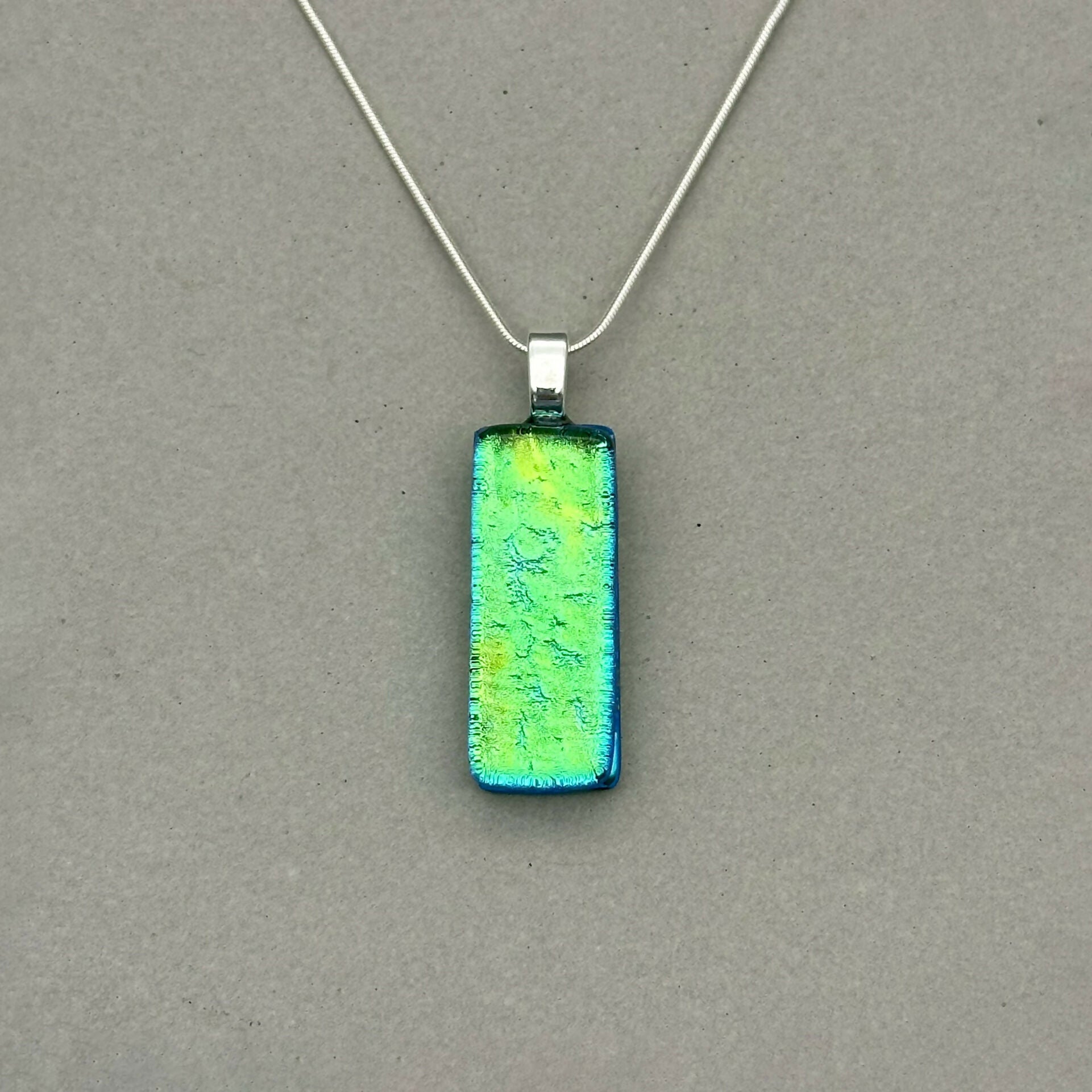 Green Dichroic Glass Necklace and Earrings Set - Sterling Silver, Handmade by Jade Tapson Glass.