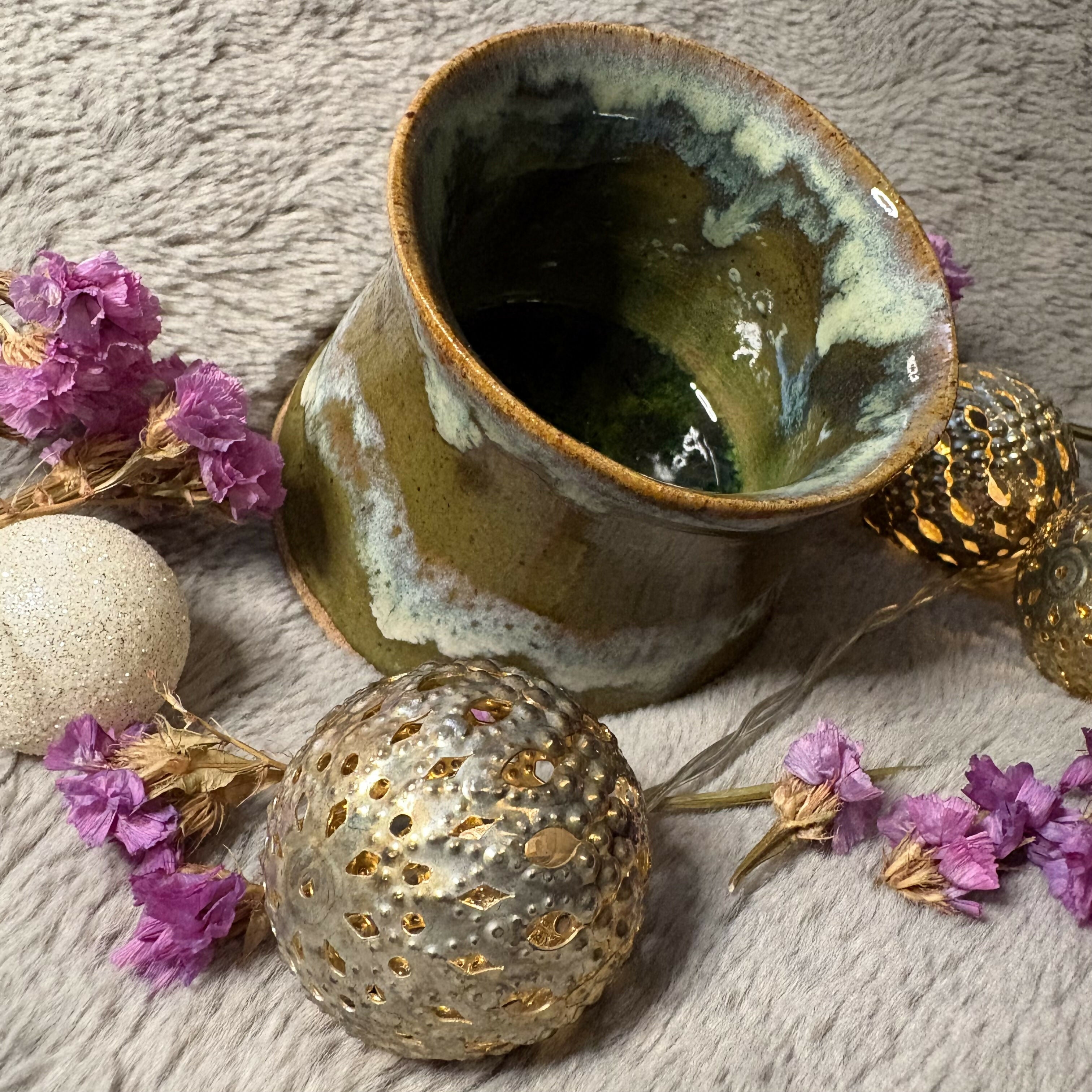 Olive Pottery and Glass Bowl