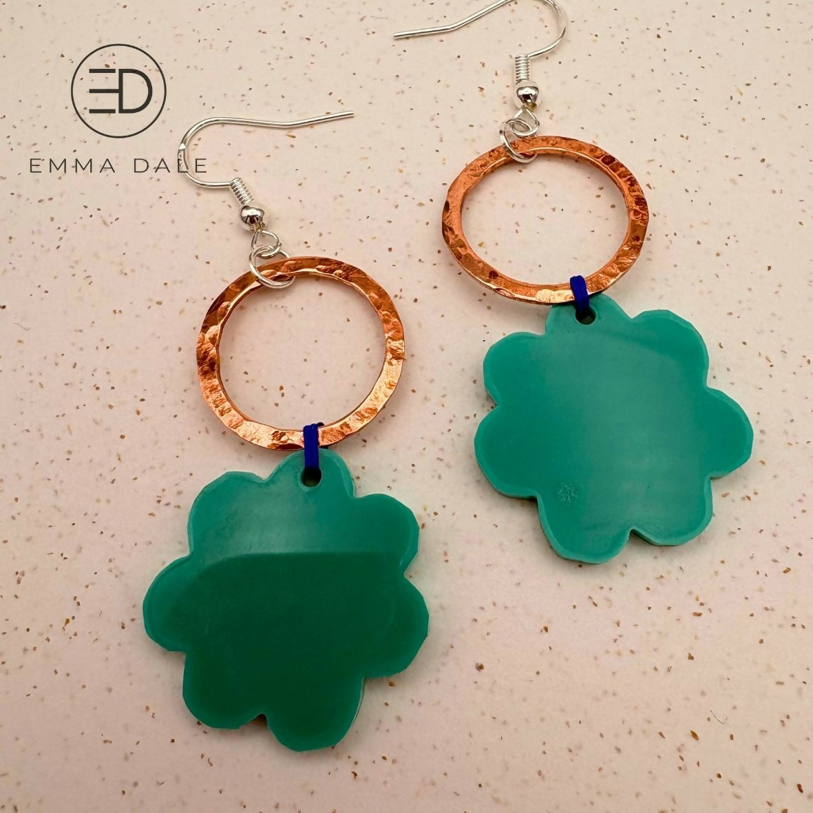 Green Flower Acrylic & Hand-Hammered Copper Earrings