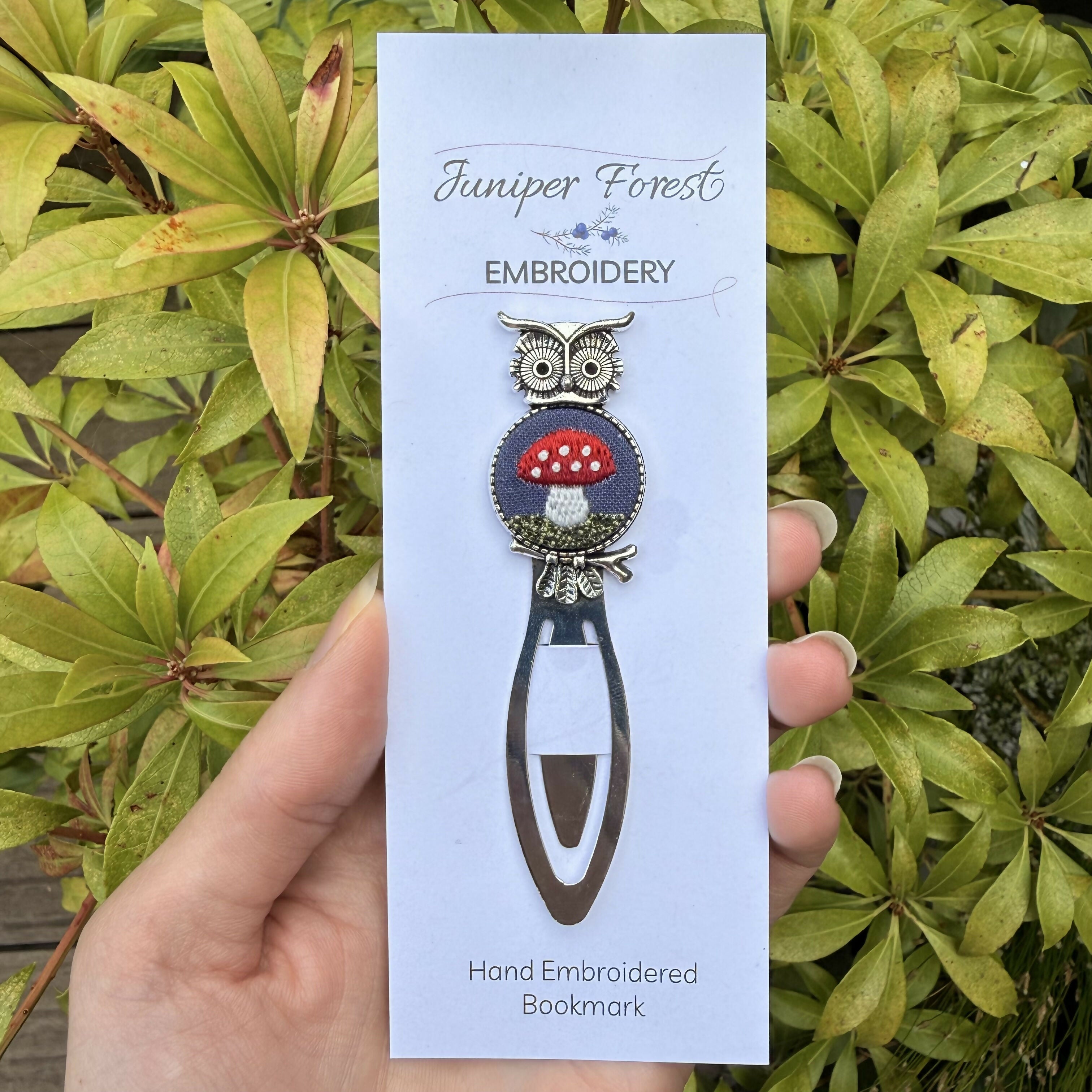 Silver Owl Hand Embroidered Mushroom Bookmark