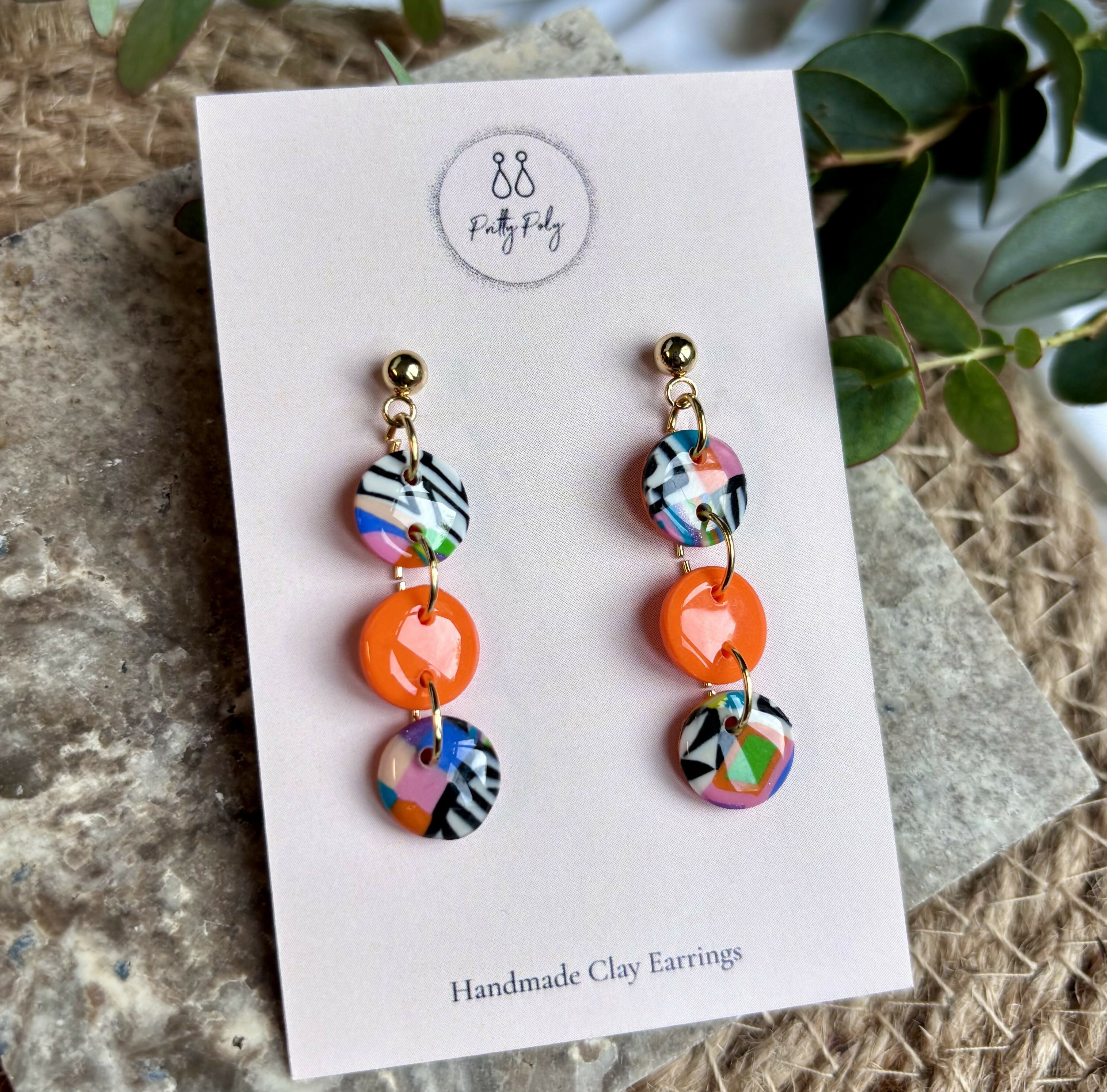 Funky Pattern Collection - Triple Dangle Polymer Clay Earrings