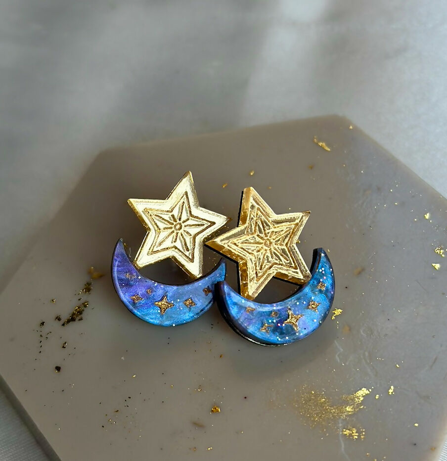 Celestial, engraved, moon and star stud