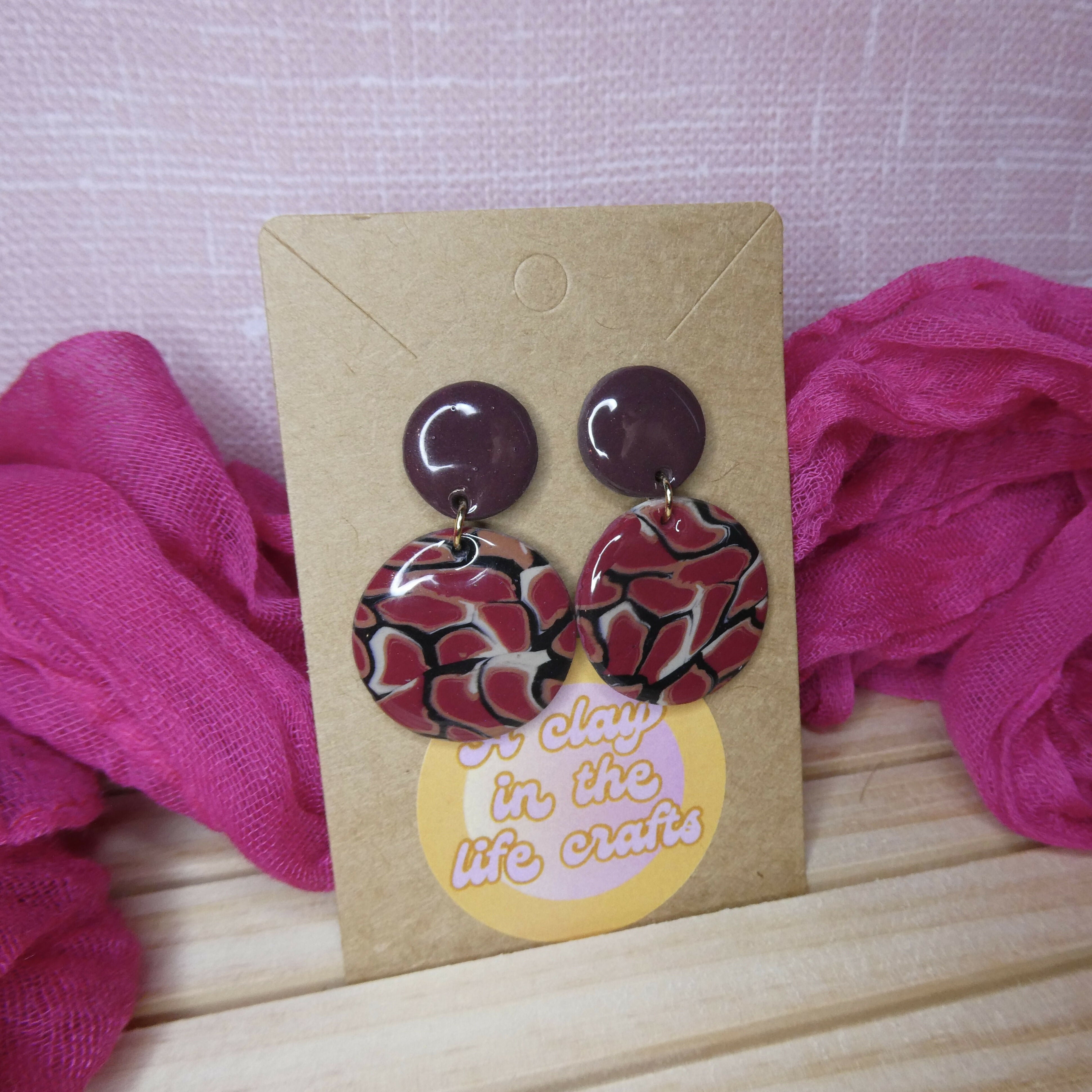 Brown And Red Mosaic Circle Polymer Clay Earrings