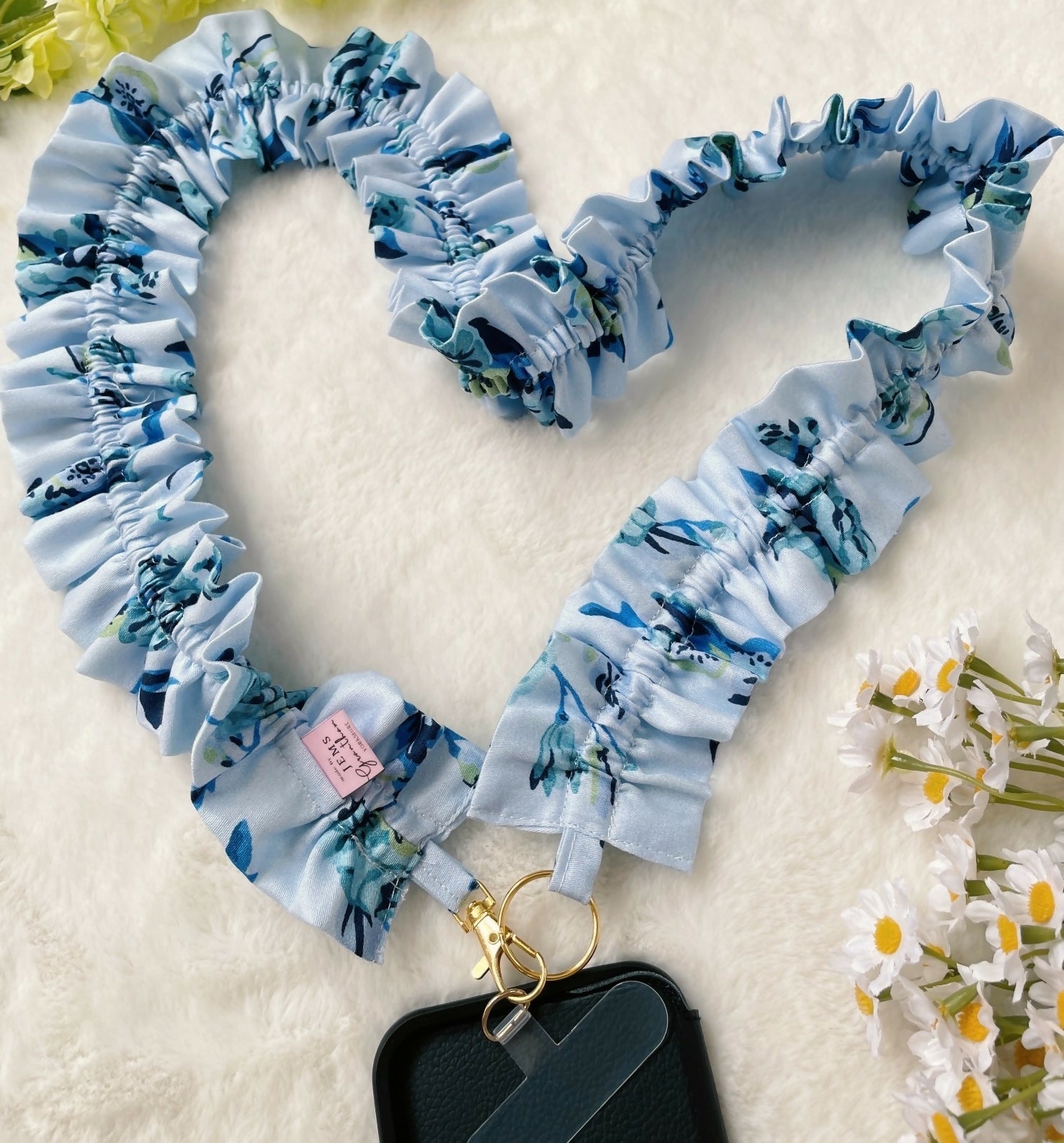 Handmade Ruffled Crossbody Phone Strap Light Blue with floral prints