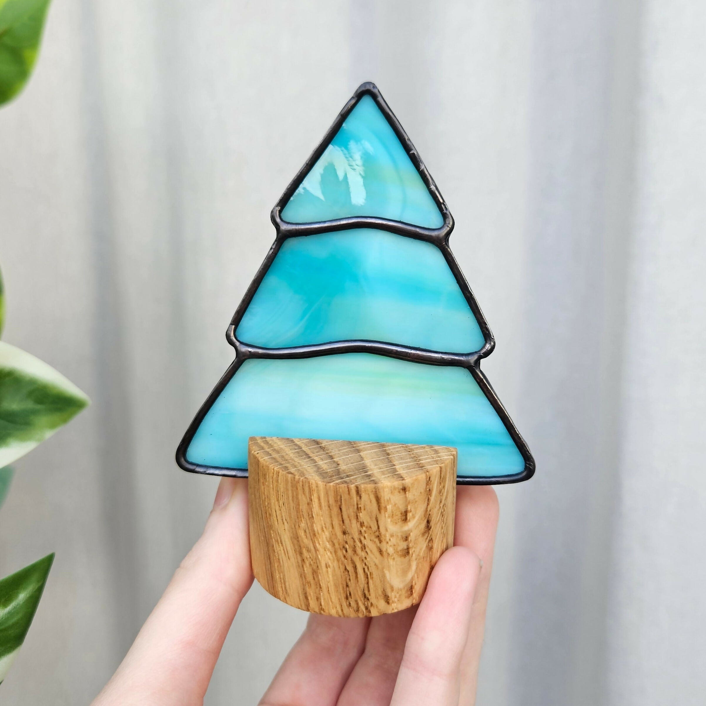 Streaky Green Tree Stained Glass Ornament with Oak Stand