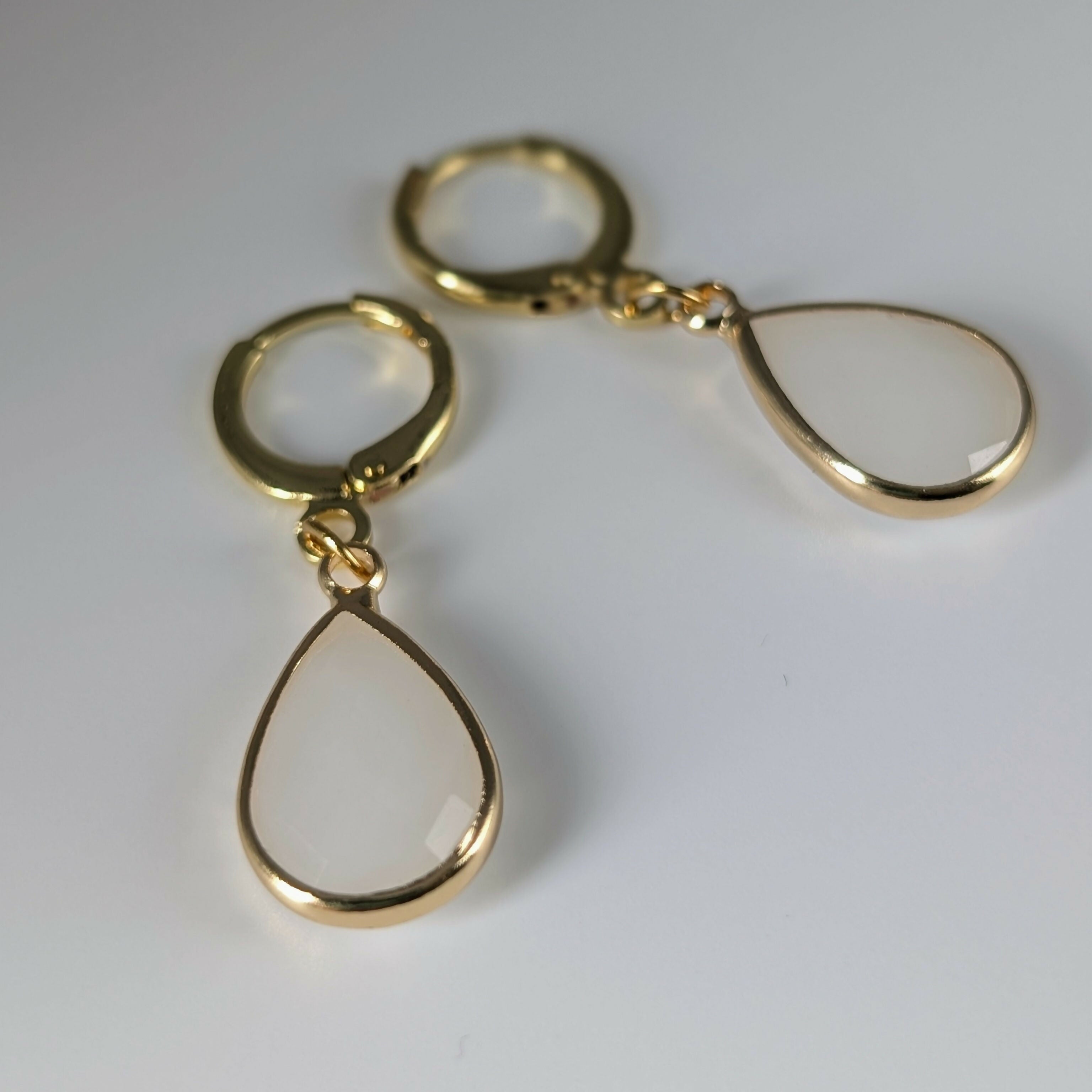 White Jade Faceted Teardop Gold Plated Huggie Earrings