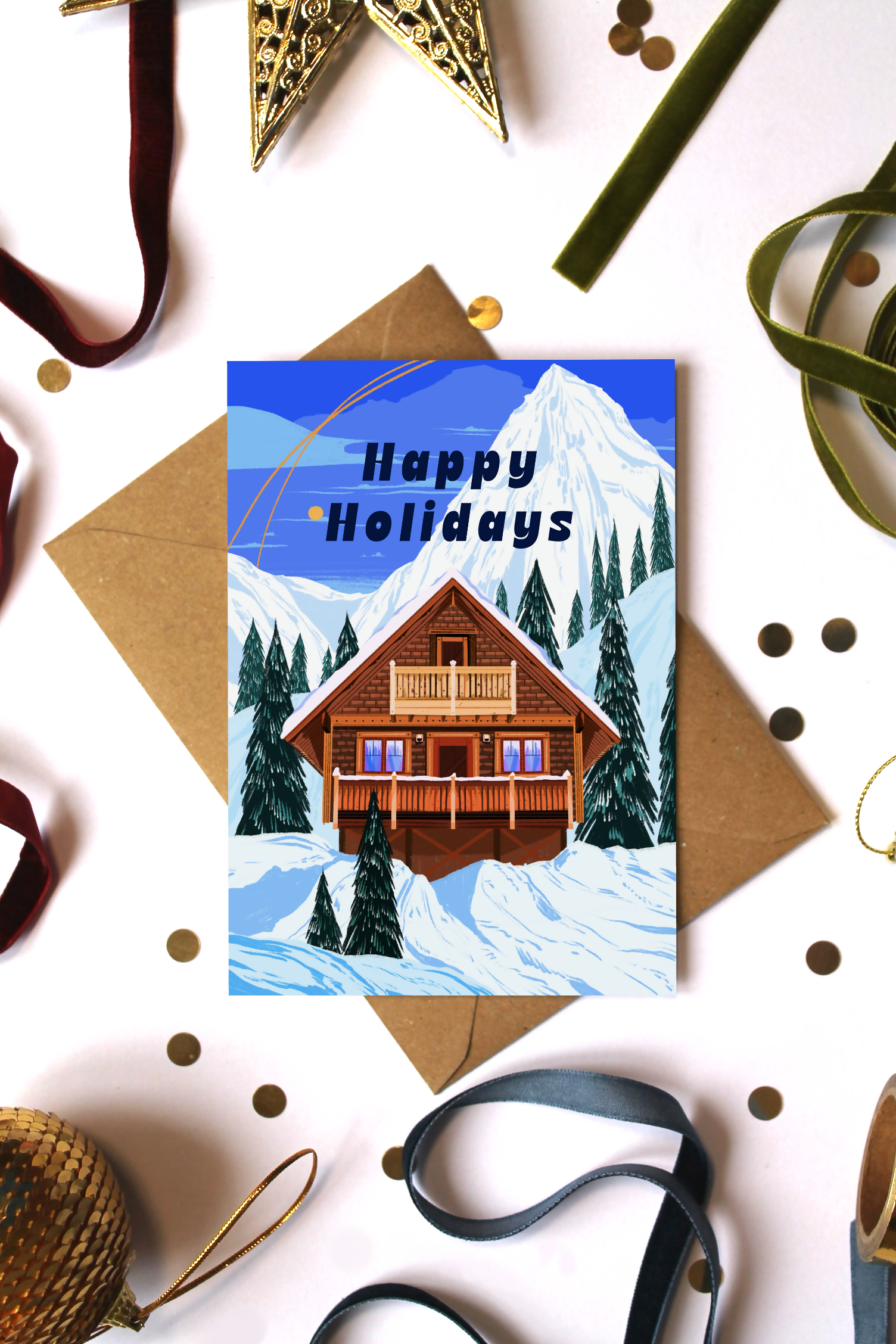 Ski Chalet Happy Holidays Christmas Card