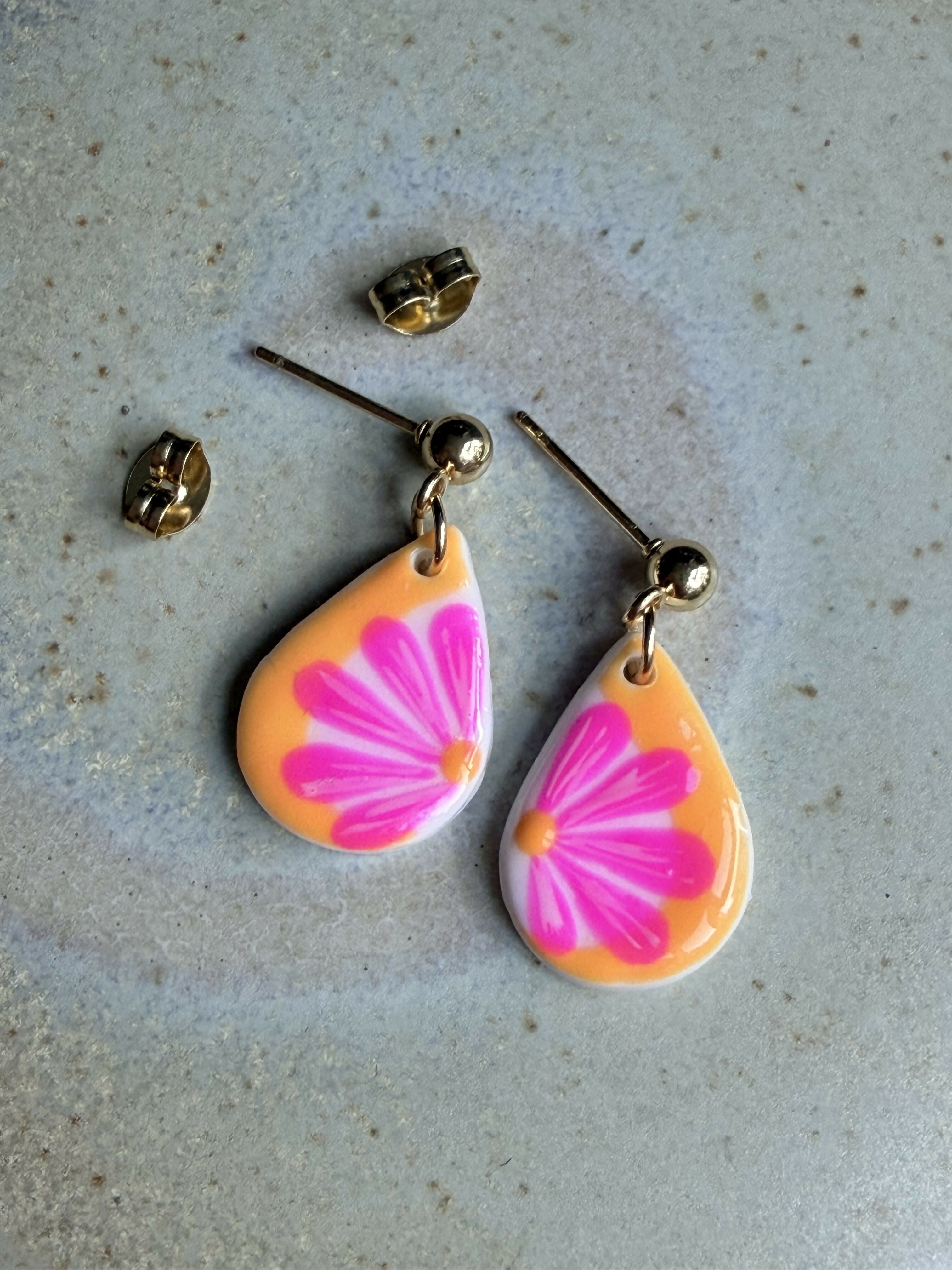 Orange and Pink Flowers Clay Earrings