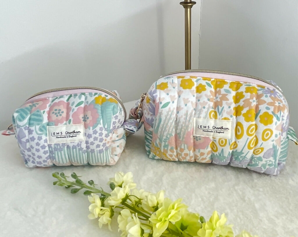 Quilted Toiletry Bag with zipper Meadow Print Handmade in UK