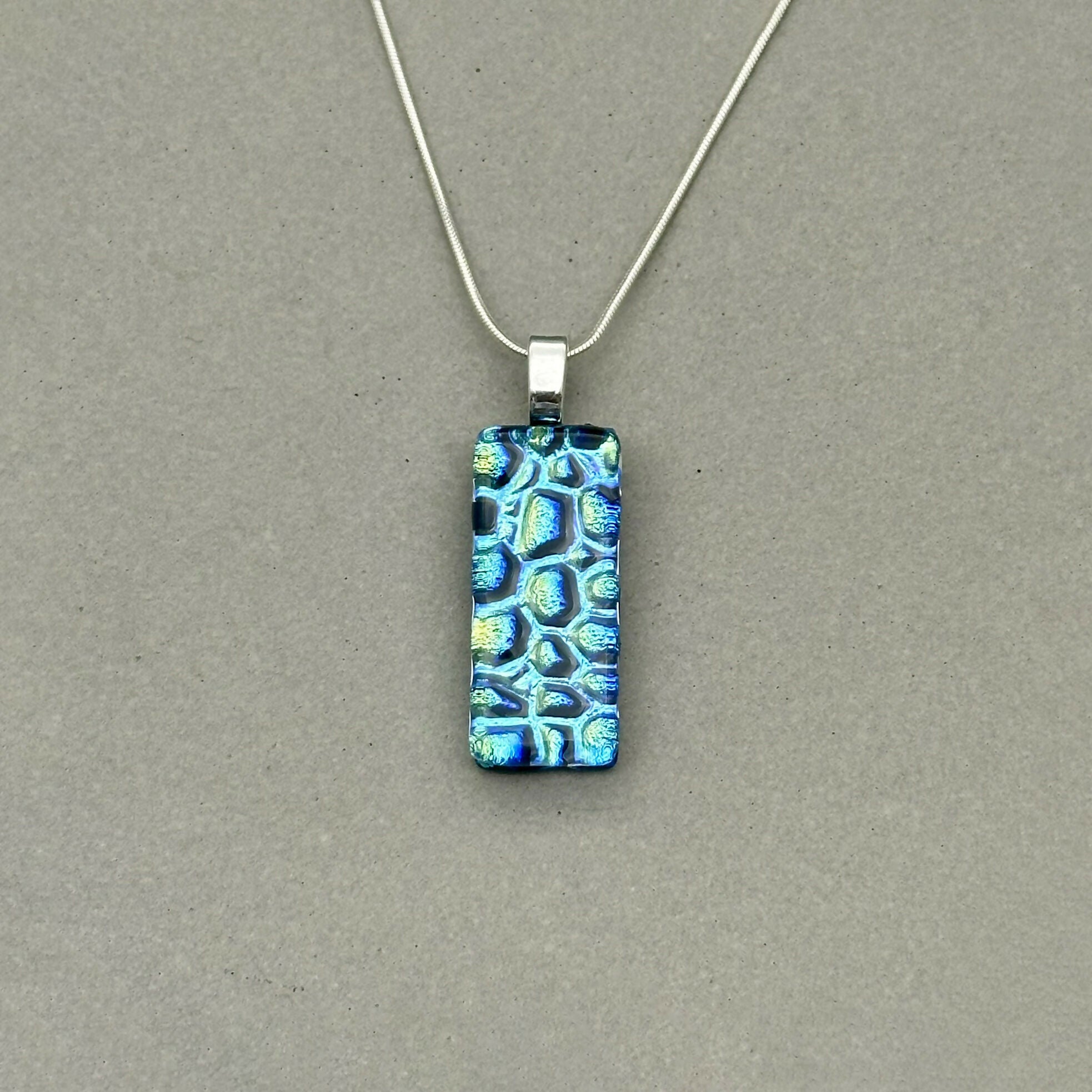 Green & Blue Raindrop Dichroic Glass Necklace and Earrings Set - Sterling Silver, Handmade by Jade Tapson Glass