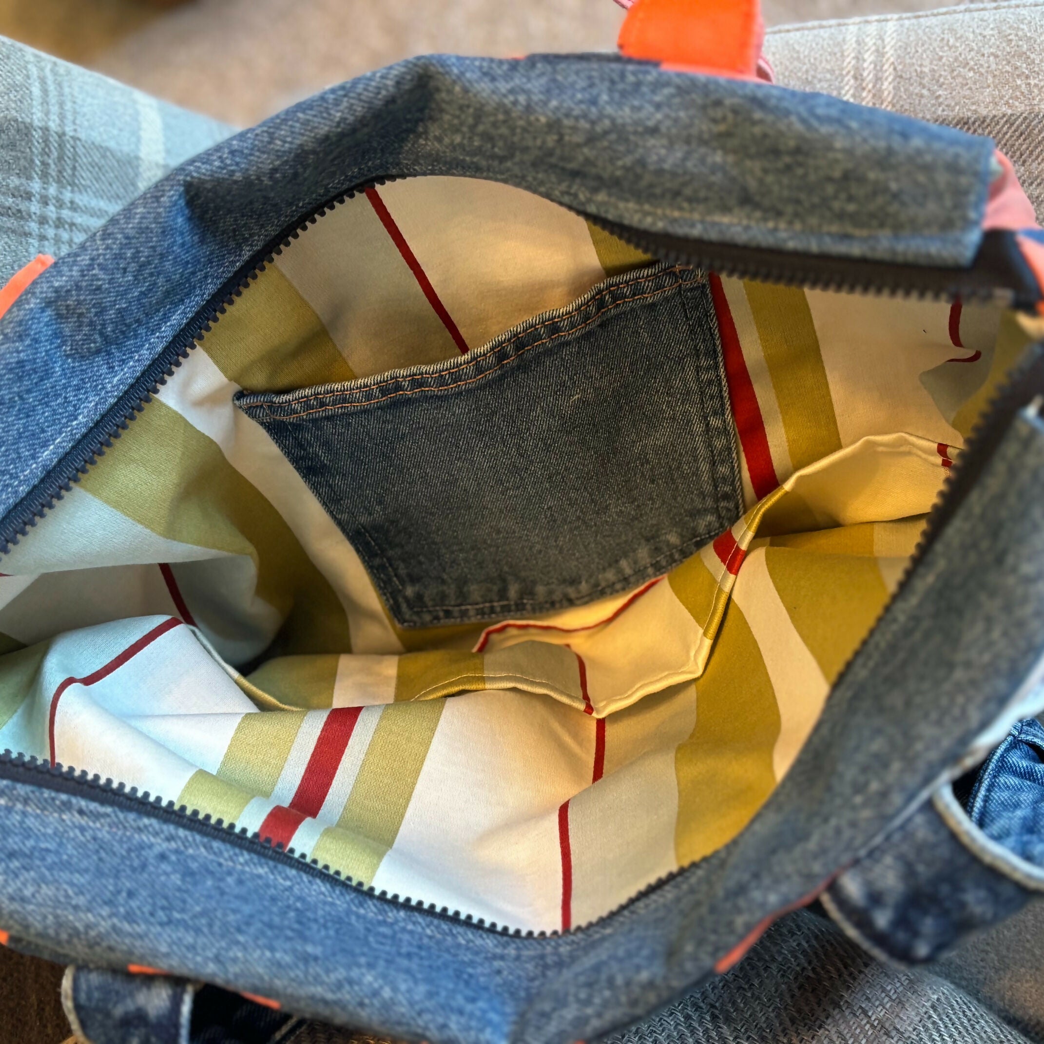 Unique Handcrafted Striped Denim Large Tote Bag Handbag Made From Upcycled Jeans