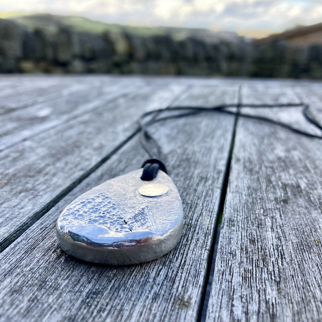 Moonlit Mountains Chunky Statement Landscape Pendant Necklace -Silver And Black Cord