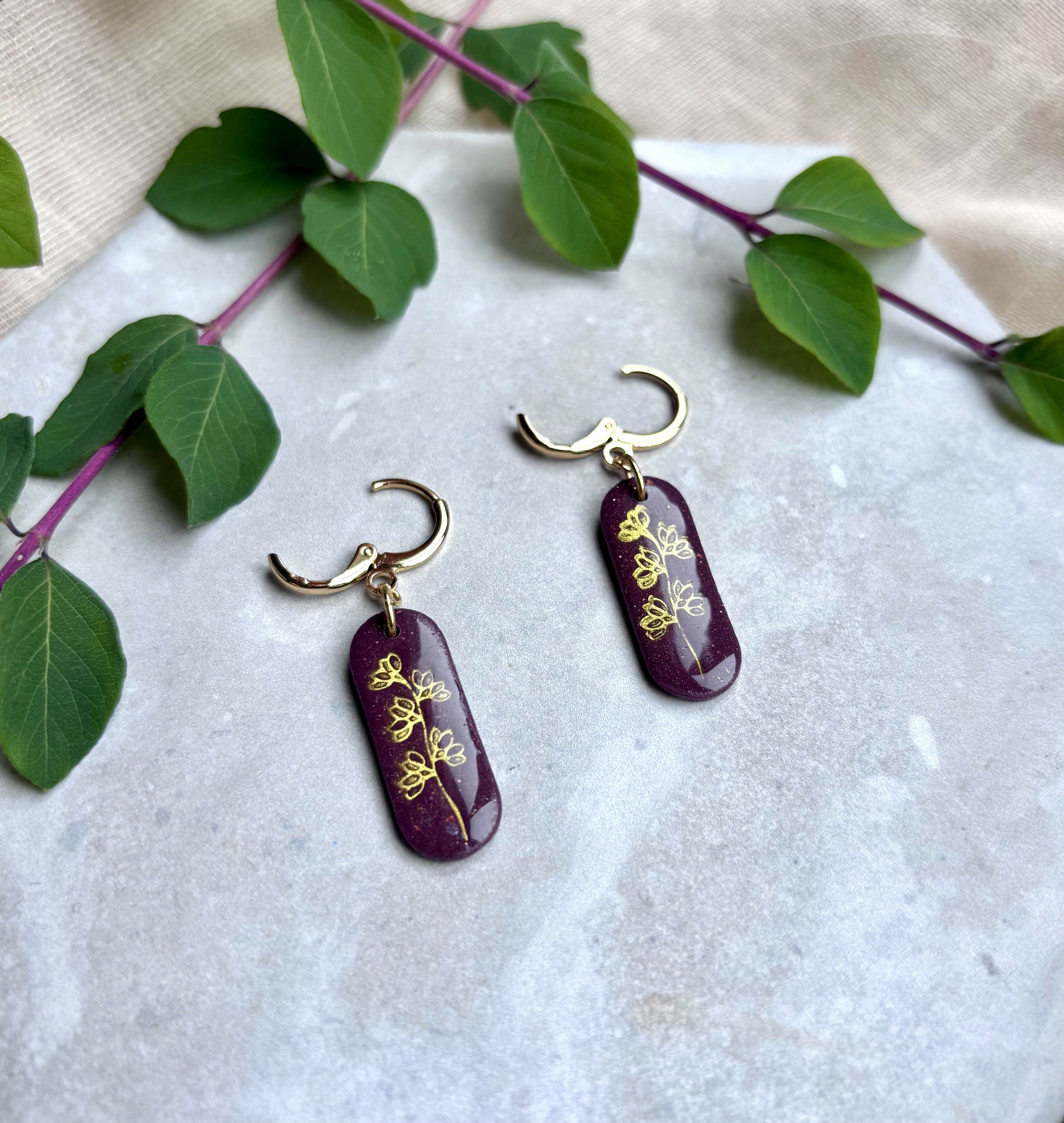 Burgundy Flower Huggie Hoops Polymer Clay Earrings