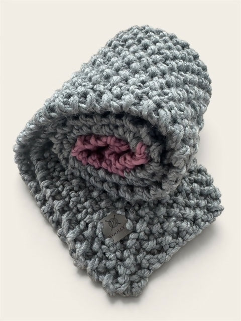 LONG LENGTH , CHUNKY & STRECTCHY UNISEX SCARF - DARK GREY & MAUVE