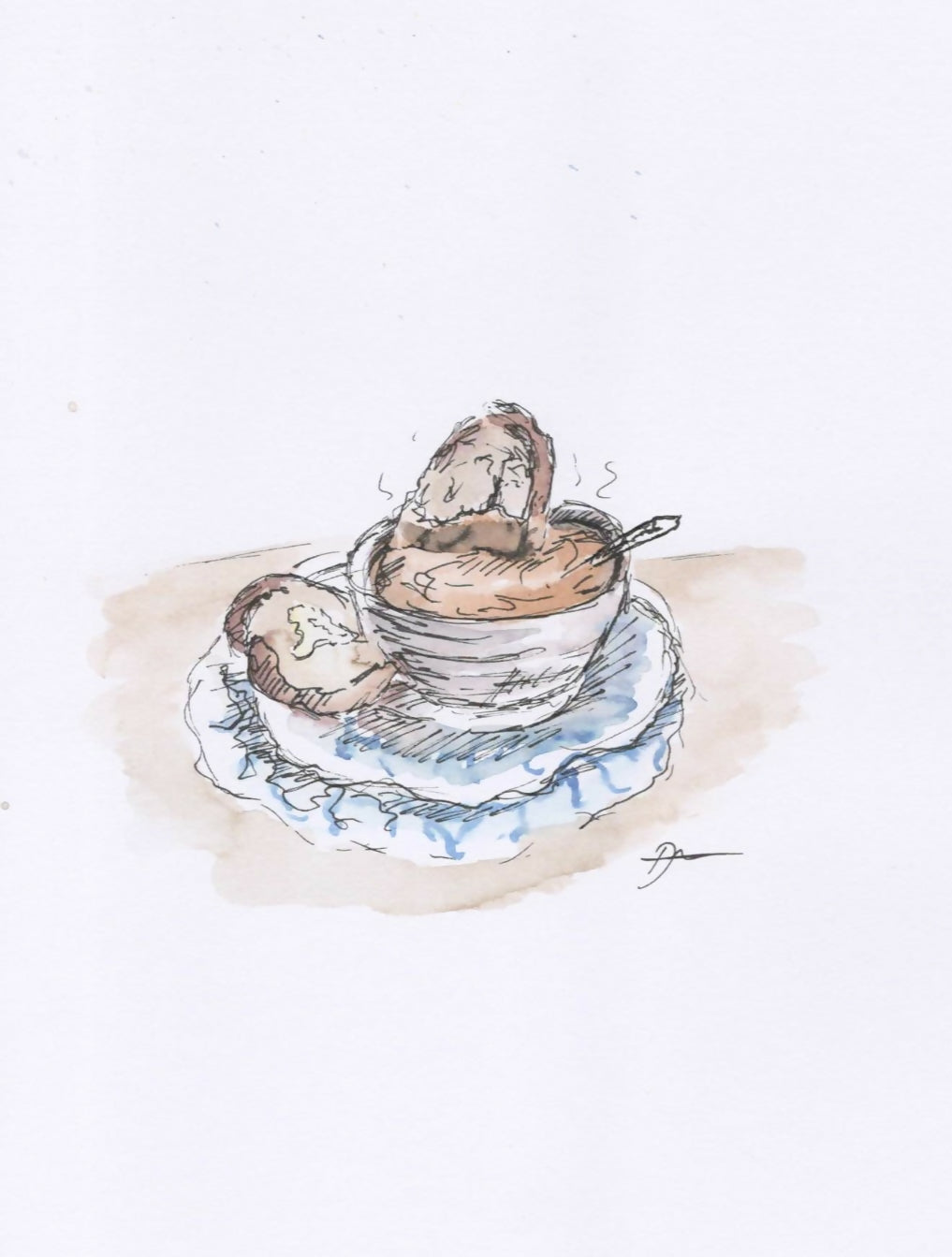 Soup And Crusty Bread Watercolour Print