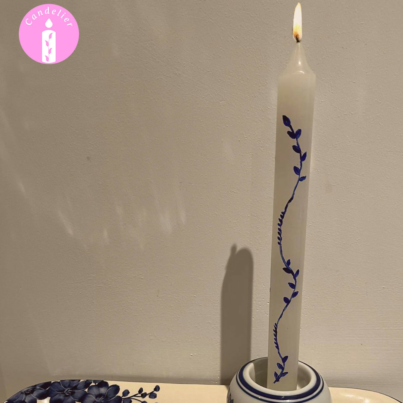 White Candle With Blue Floral Hand Painted Design