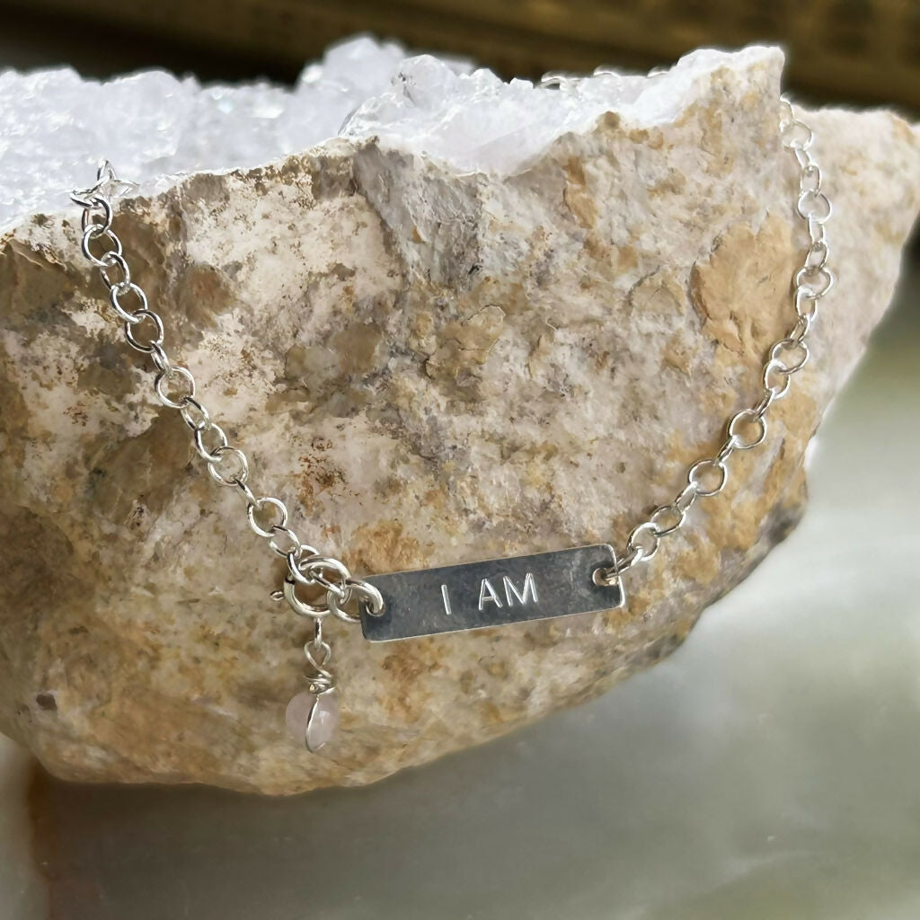 Handmade Sterling Silver 'I Am Loved' Rose Quartz Charm Bracelet