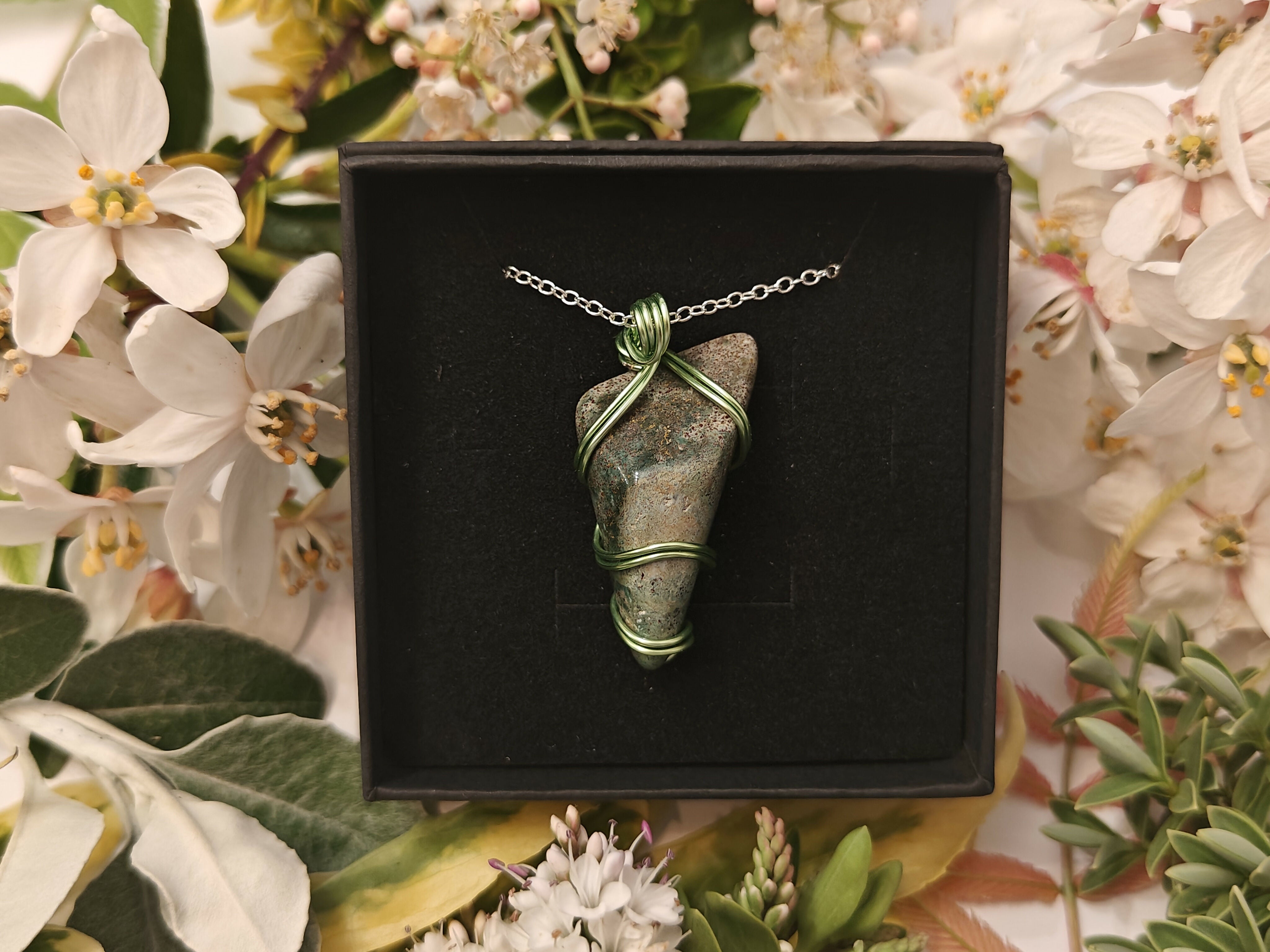 Jasper Wire Wrapped Crystal Pendant on Sterling Silver Chain