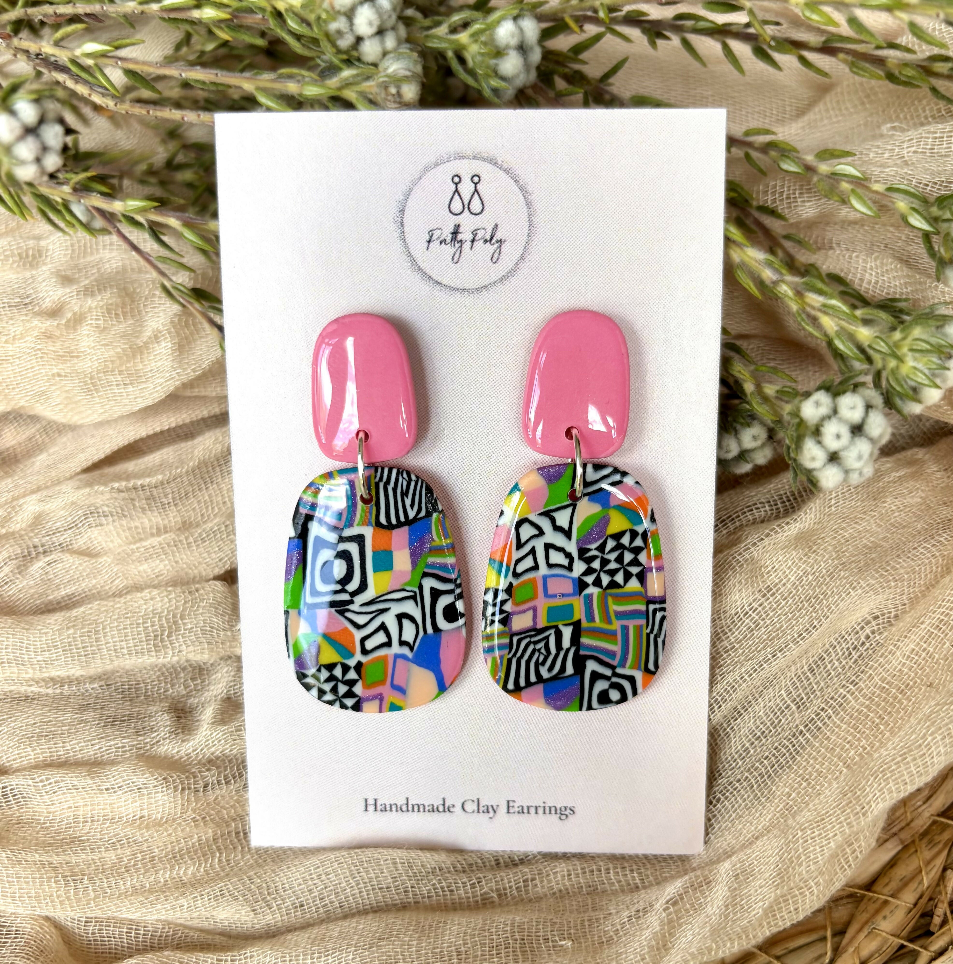 Funky Pattern Collection - Pink Dangle Polymer Clay Earrings