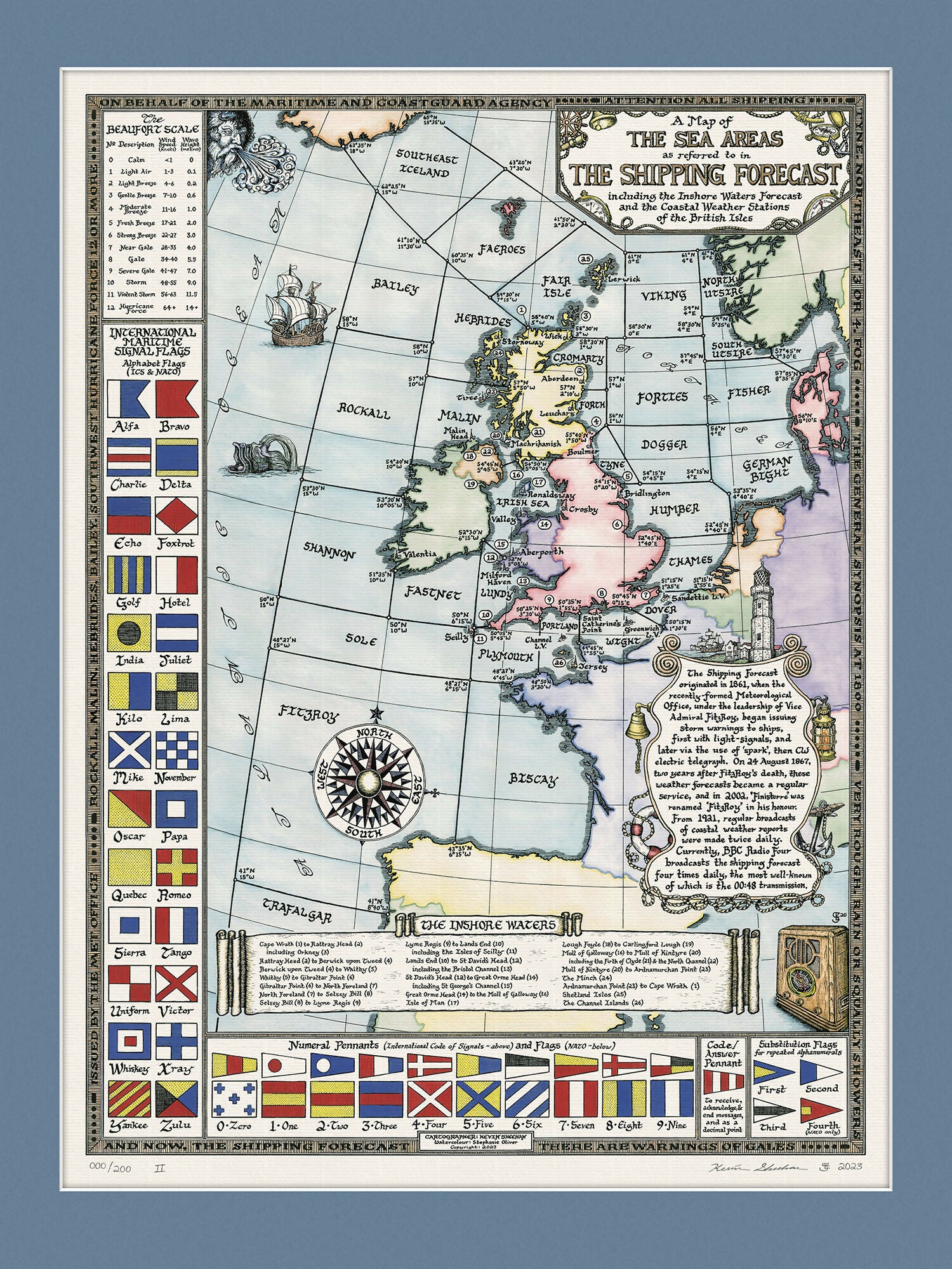 Watercolour Shipping Forecast Map Hand Drawn Art Print